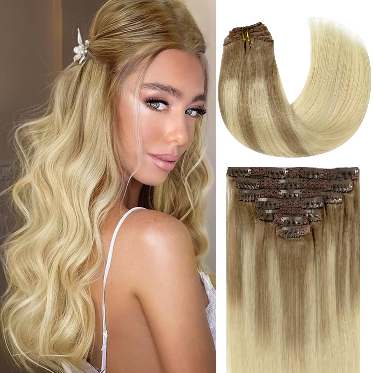 Lacer Balayage Clip in Hair Extensions B#8/60 Light Brown Fading to Platinum Blonde Color Remy Human Hair Extensions Clip in Rea