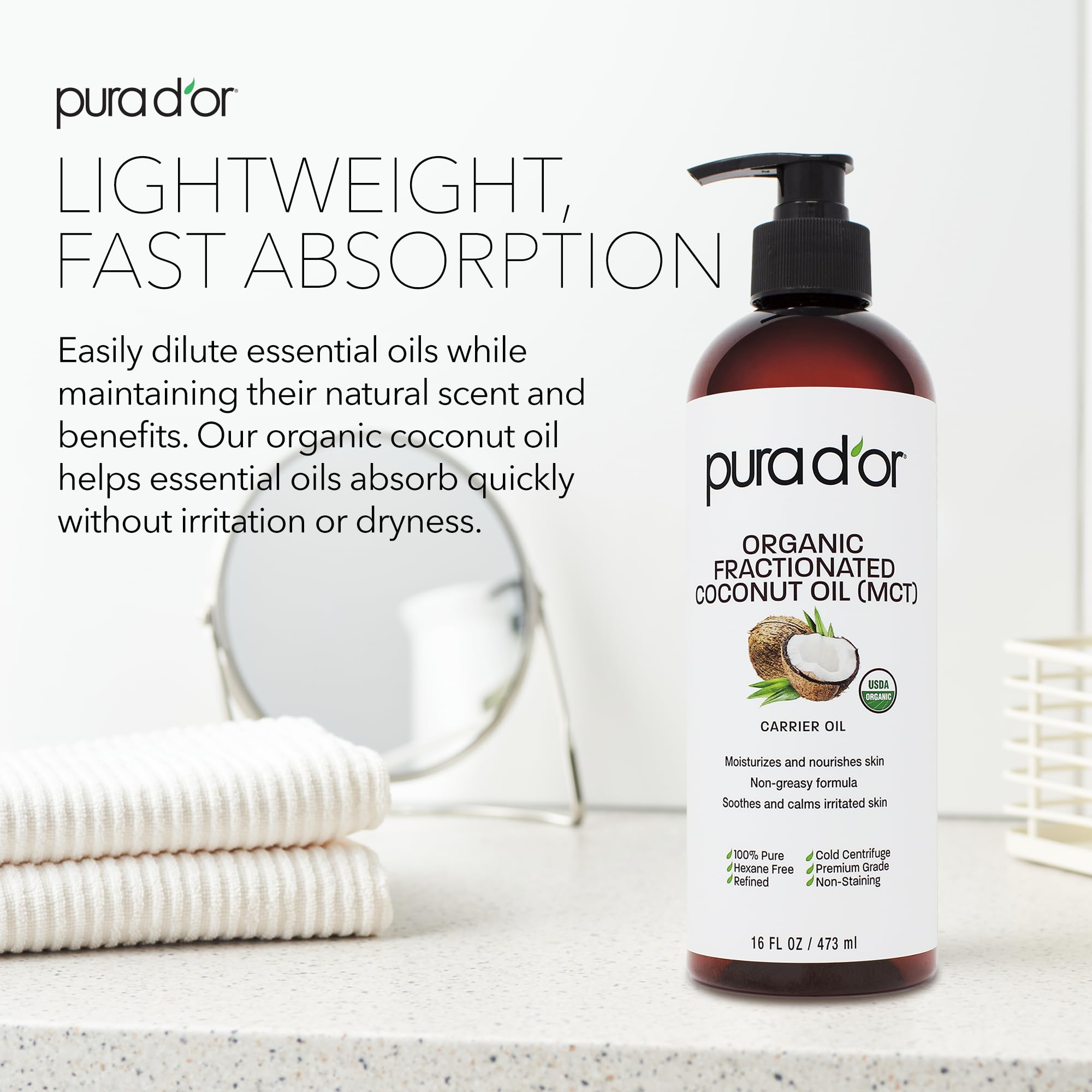 PURA D'OR 16 Oz ORGANIC Fractionated Coconut Oil - MCT Oil - 100% Pure & Natural USDA Certified Cold Pressed Carrier Oil - Unsce