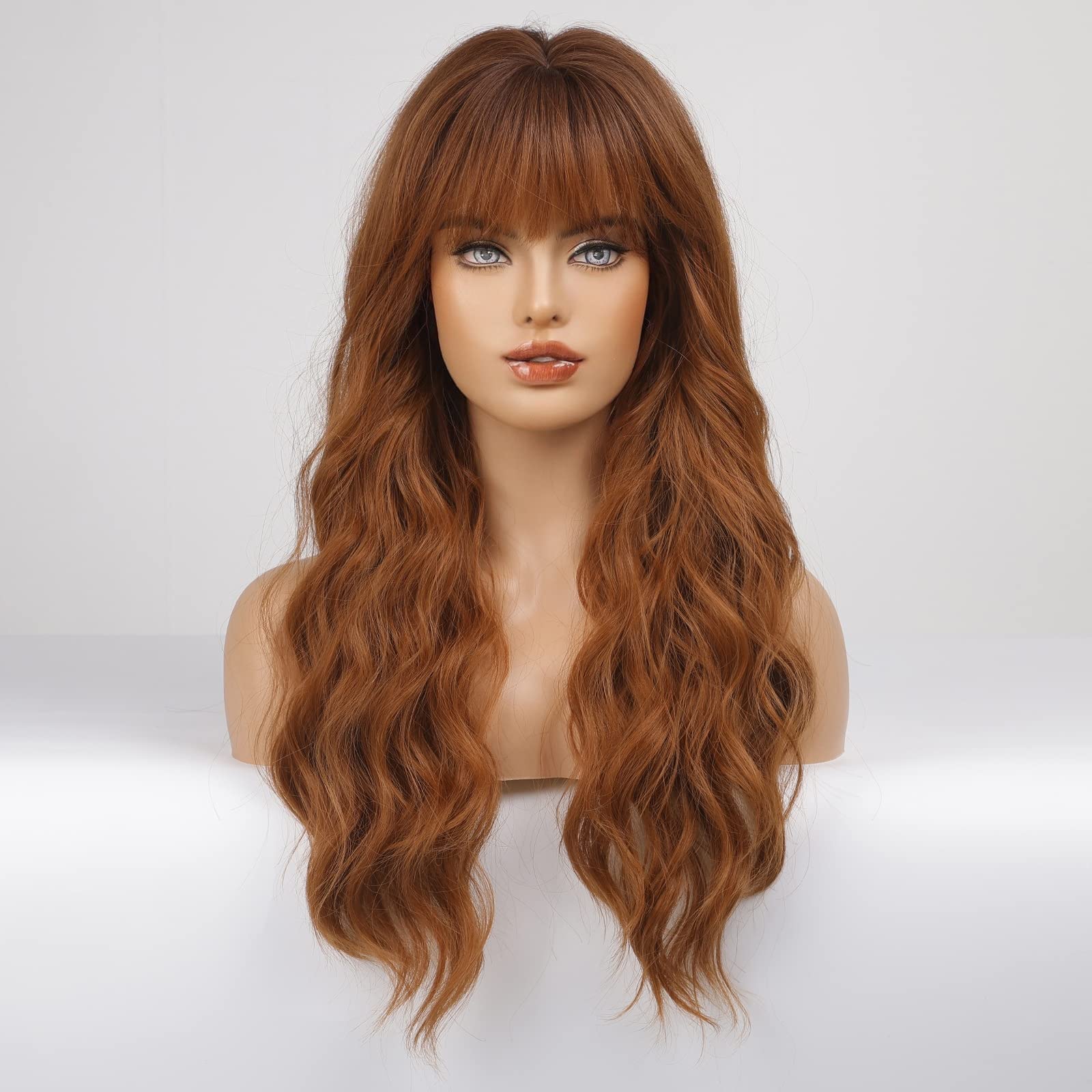 Haircube Ombre Auburn Wig With Bangs Long Curly Wig With Bangs Orange Wig Natural Appearance Heat-Resistant Synthetic Wig Suitab