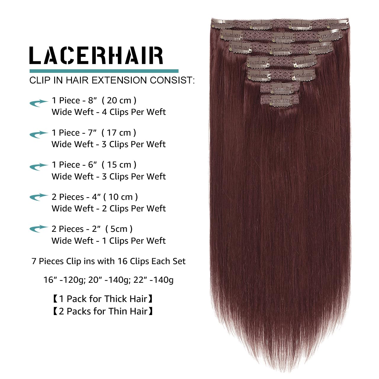 Lacer Hair Real Clip In Hair Extensions #99J Deep Burgundy Color Real Hair Extensions Clip In Double Weft Remy Hair Clip In Exte