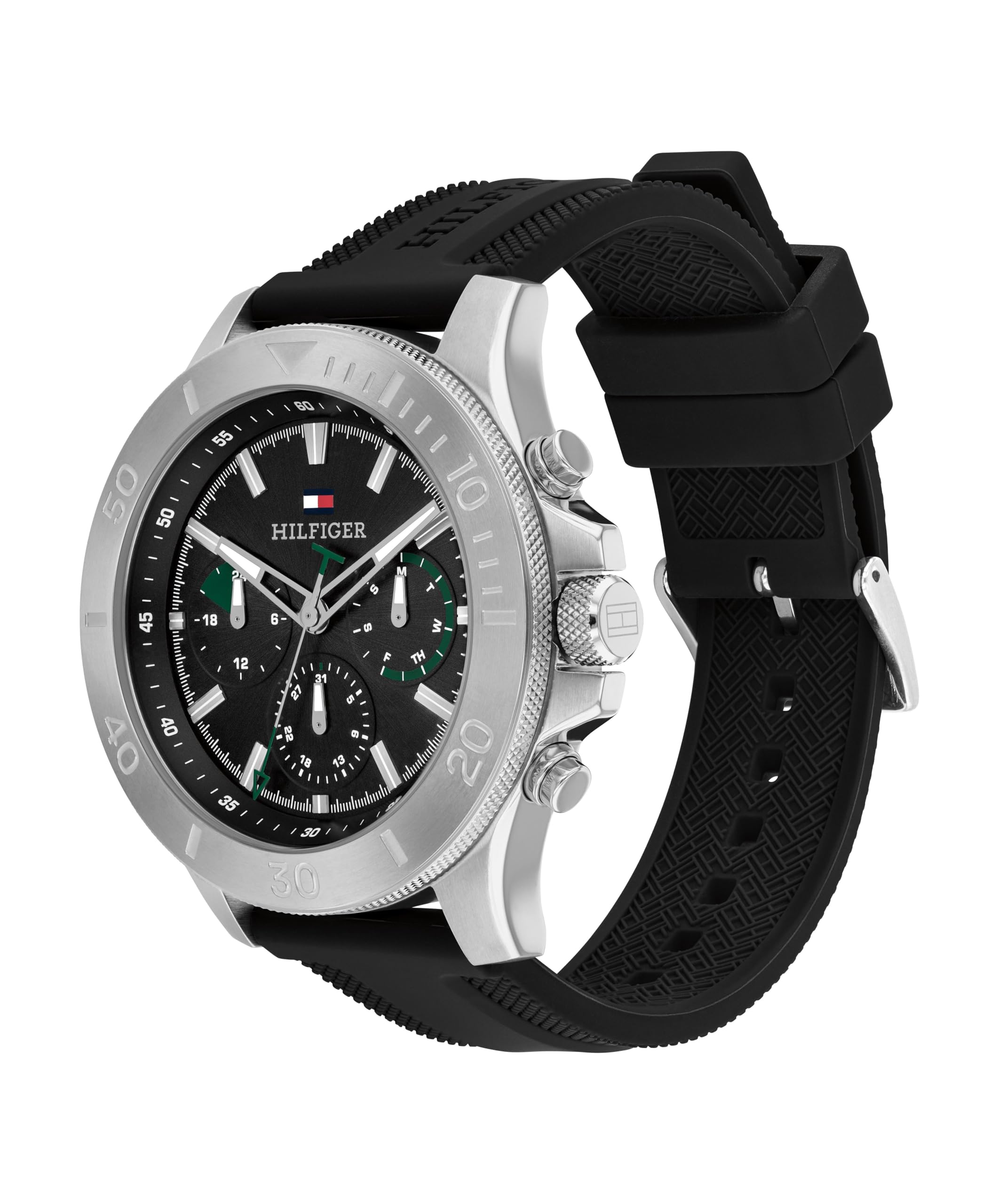 Tommy Hilfiger MenS Multifuction Stainless Steel & Black Silicone Strap Analog Watch