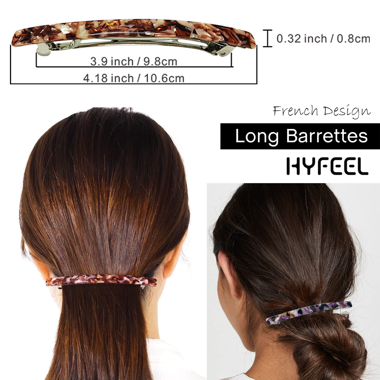 HYFEEL Long French Hair Barrettes 4 Inch Large Hair Clips for Women Thick Hair Automatic Clasp Clamp Pins Resin Nonslip Grip Pon
