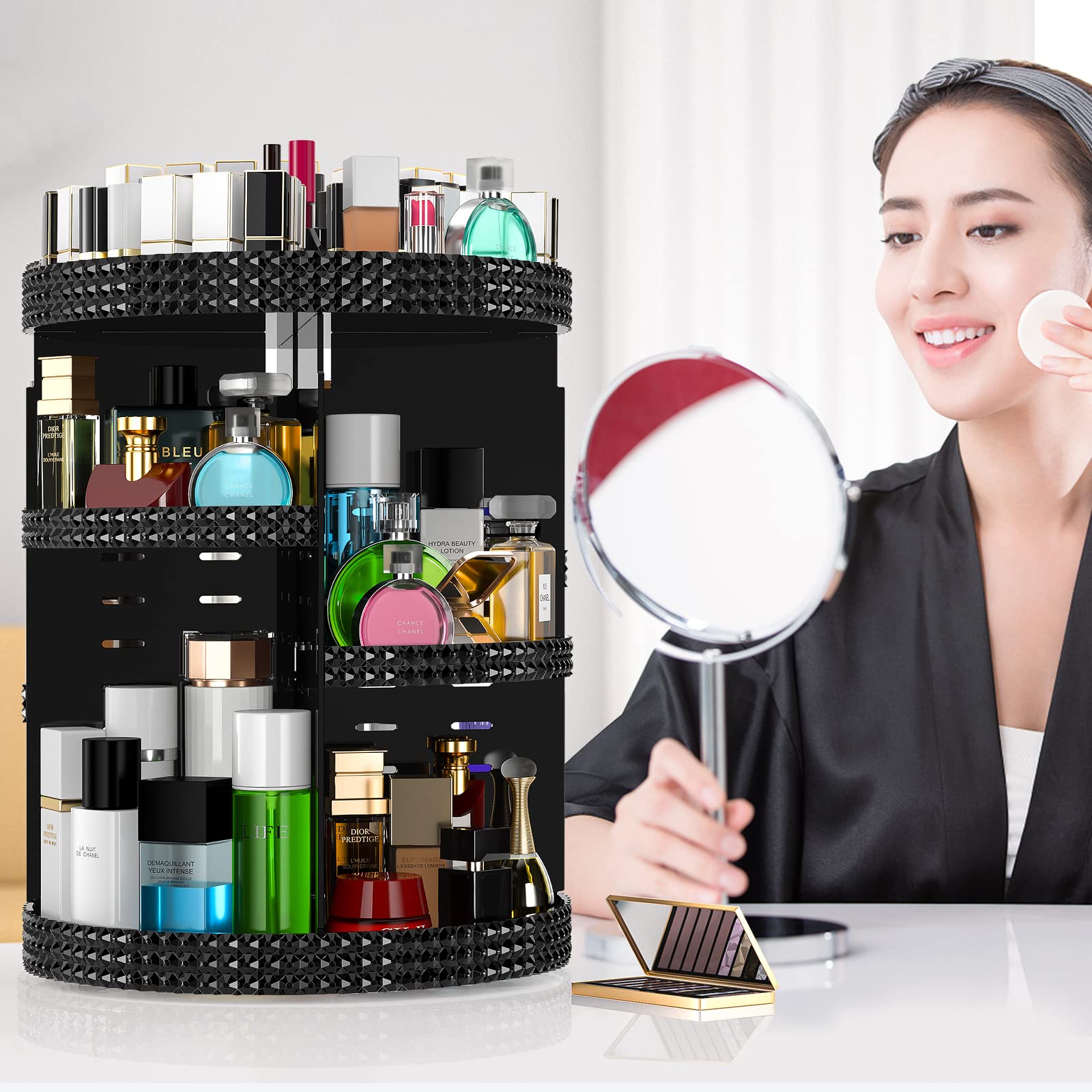 Famitree Black 360 Makeup Organizer Degree Rotating, 7 Layers Large Capacity Cosmetic Storage, Acrylic Makeup Organizers, Organi