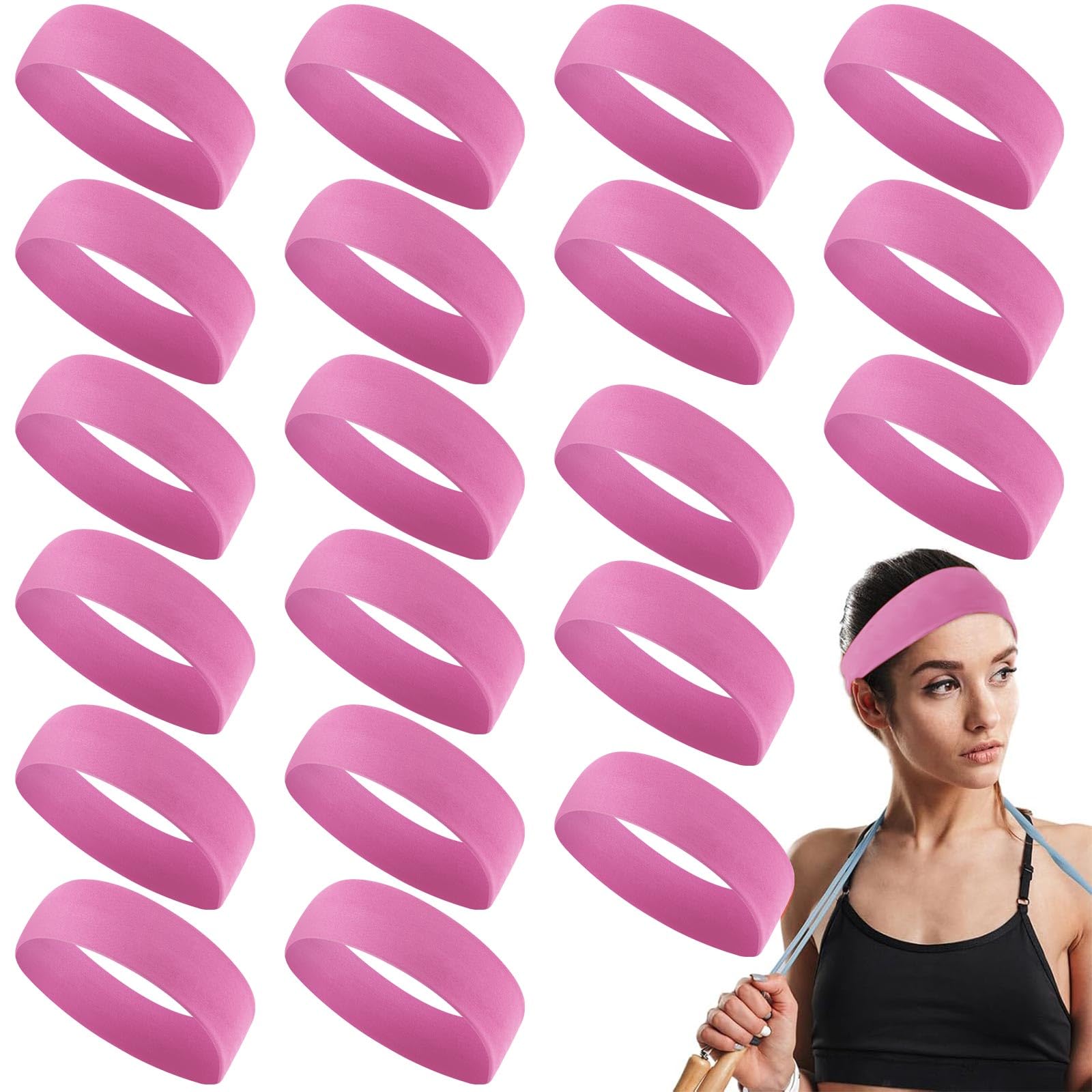 Hotop 20 Pcs Sport Stretchy Headbands for Girls Women Non Slip Soft Fabric Elastic Headband Bulk for Yoga DIY Team Gifts(Pink)