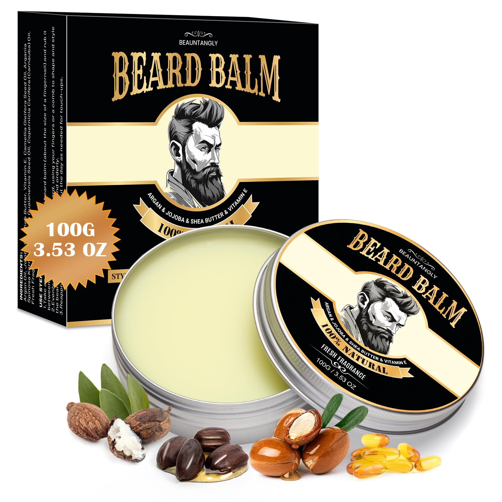 Beard Balm for Men, 100% Natural Beard Balm with Shea Butter, Argan Oil, Jojoba Oil, Vitamin E - 3.53OZ Beard Softener Beard Moi