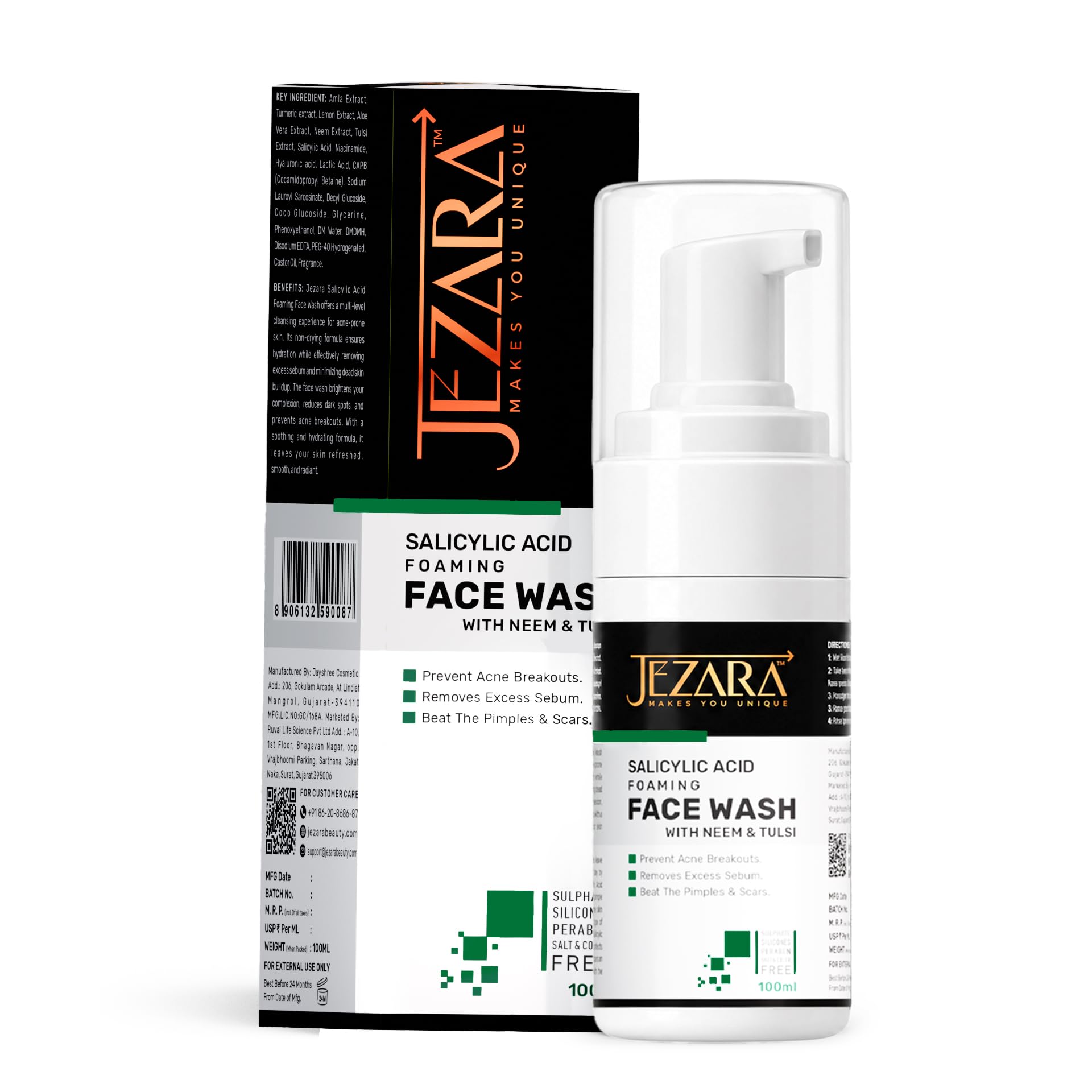 Jezara Salicylic Acid 2% Foaming Face Wash | Reduces Acne, Pimples & Dark Spots | Prevents Breakouts & Soothes Skin | For Women 