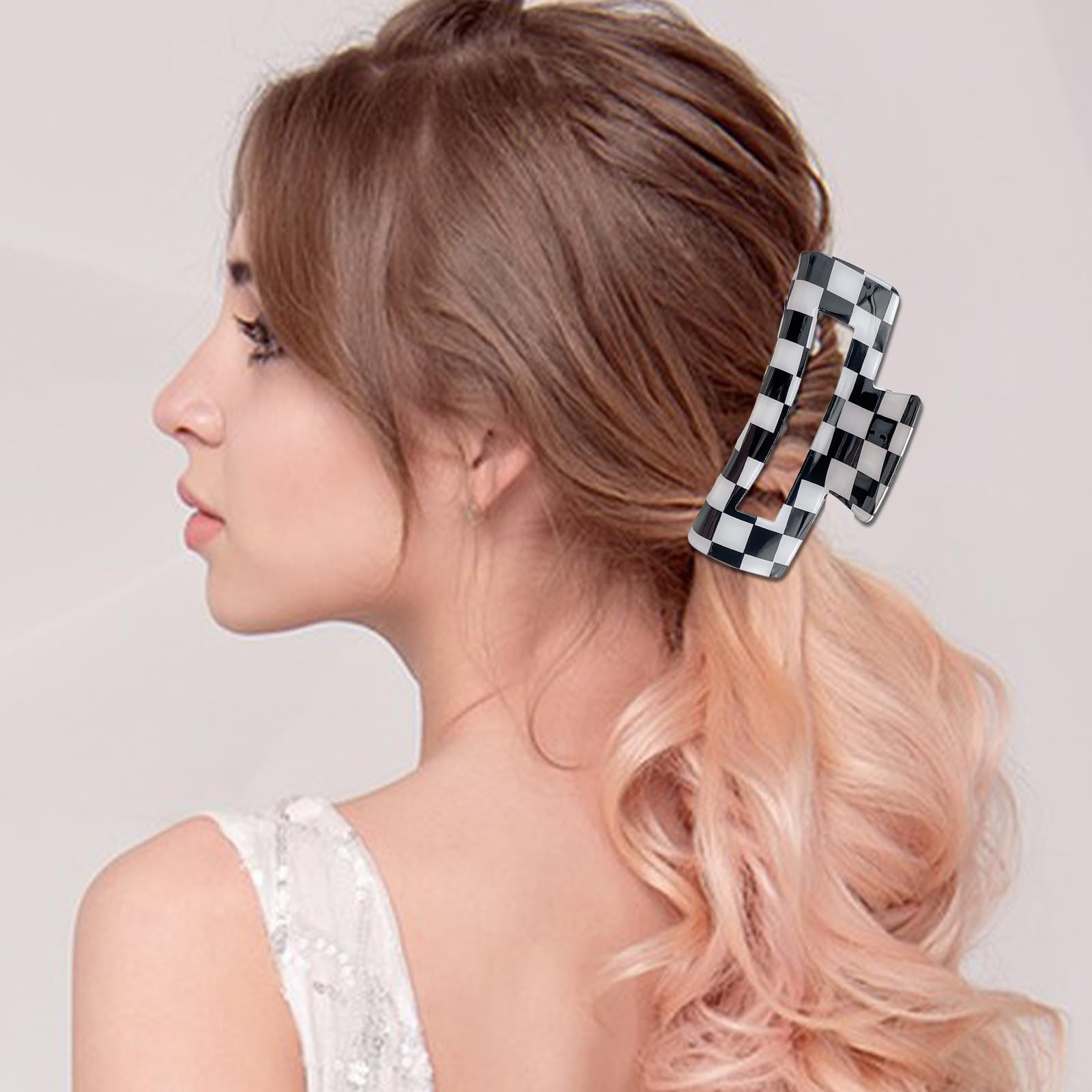 Paderison 2Pcs Checkered Rectangle Multicolored Claw Barrettes - Strong Hold Y2K Hair Accessories for Thin and Thick Hair (Orang