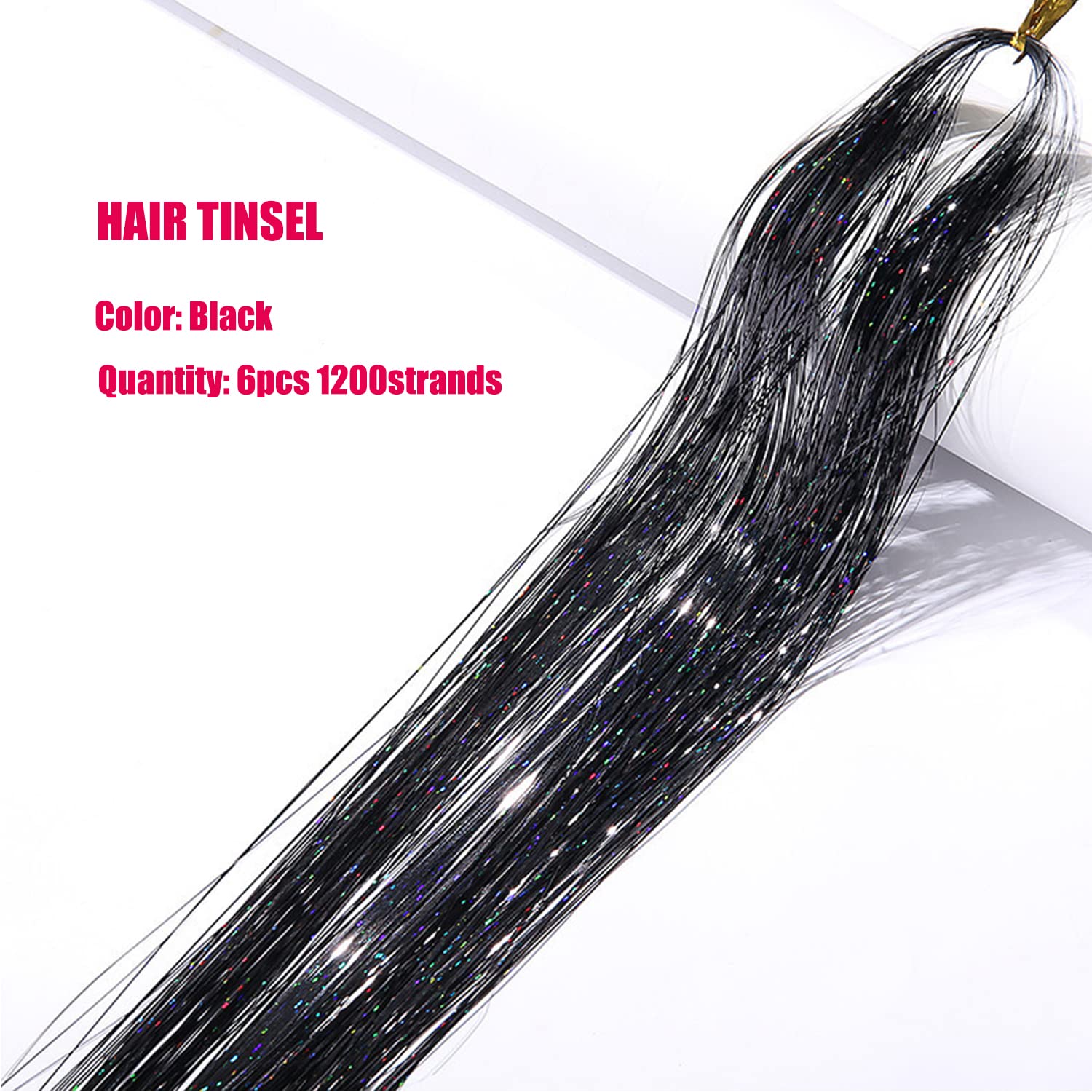 Black Hair Tinsel Kit With Tool 6Pcs 1200 Strands Glitter Tinsel Hair Extensions Heat Resistant Sparkling Shiny Fairy Hair Acces