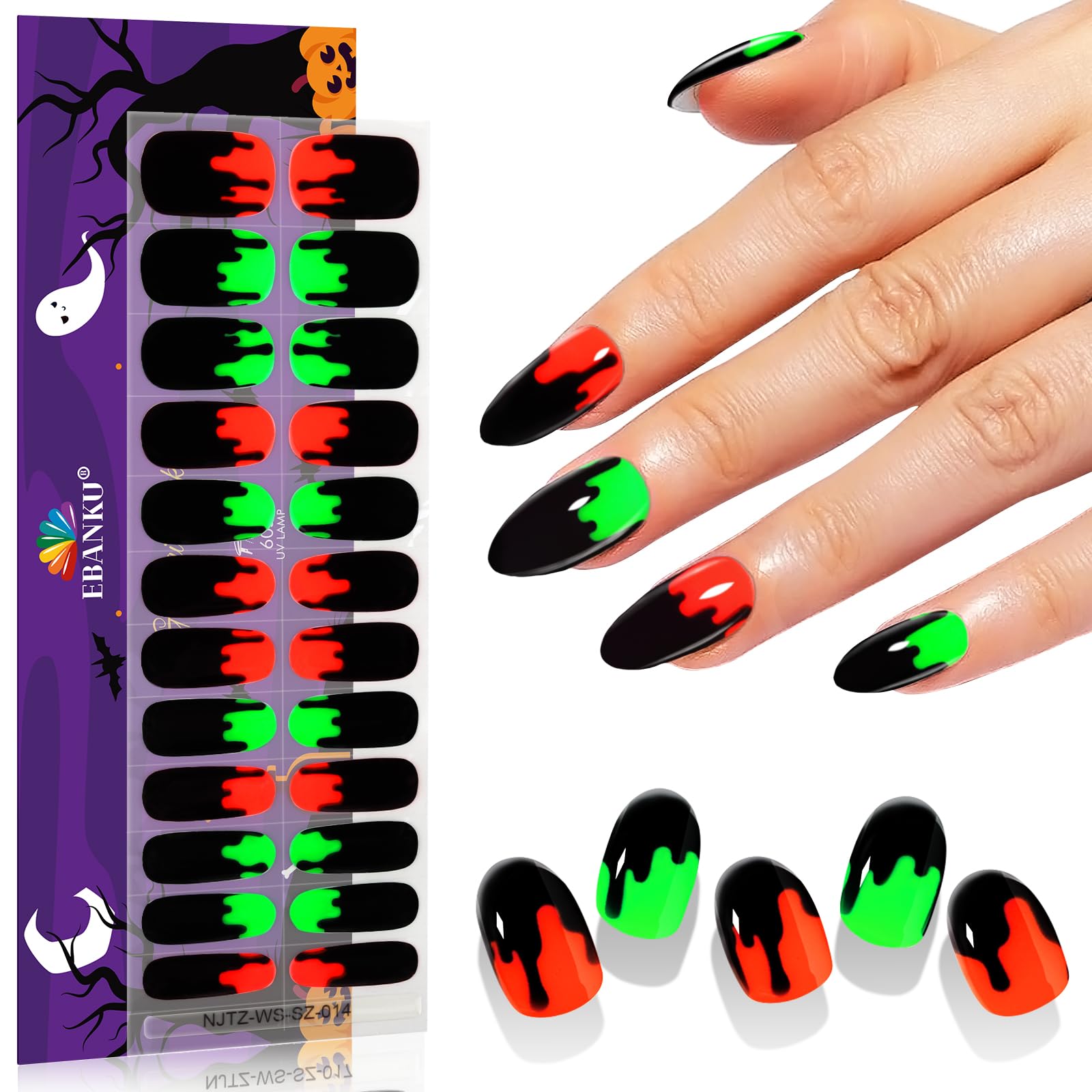EBANKU 24Pcs Semi-Cured Gel Nail Strips, Halloween Y2K Nail Gel Polish Strips Real Nail Polish Art Stickers Wraps Easy Apply for