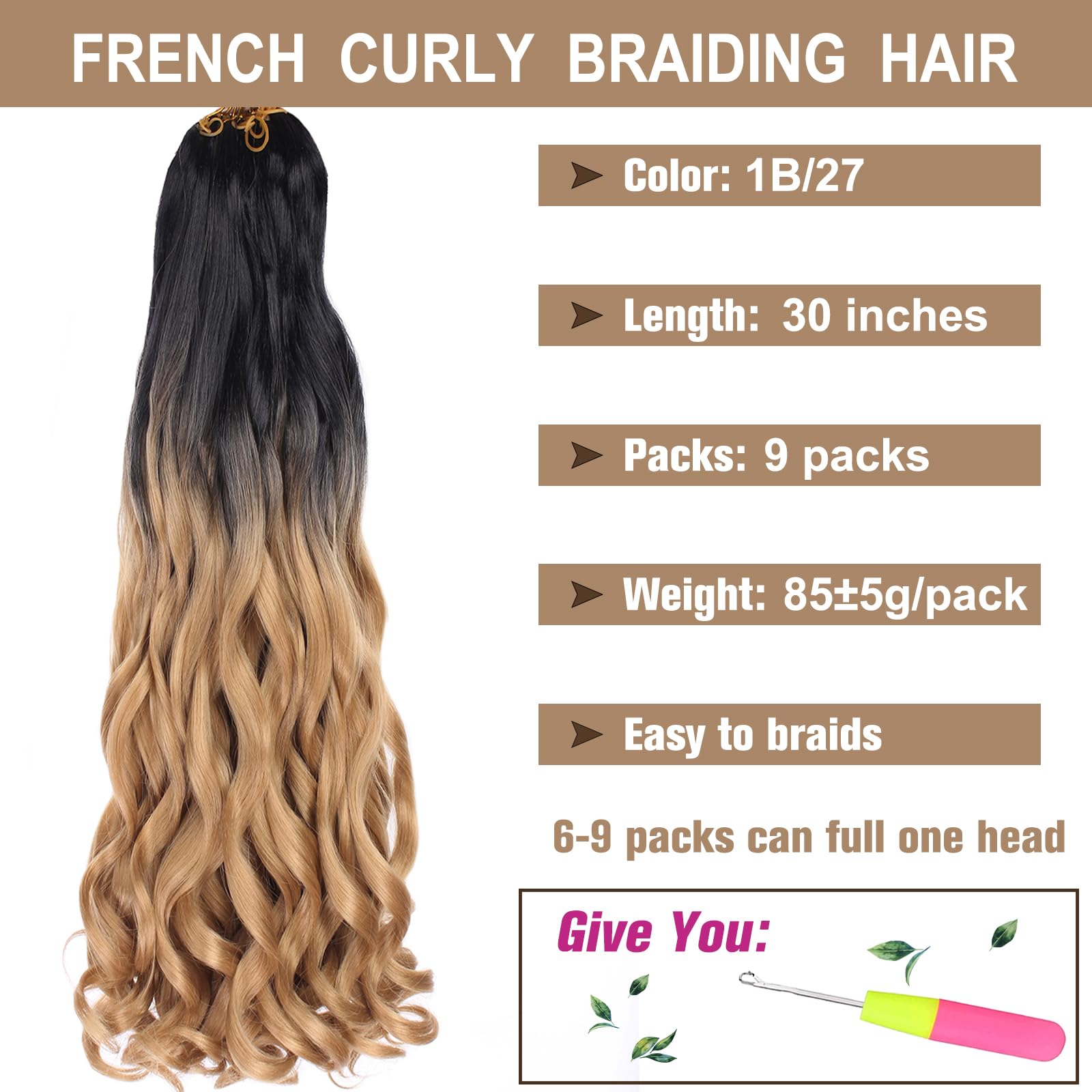 Cookoo 30 Inch 9 Packs Ombre Blonde French Curl Braiding Hair For Women Pre Stretched Curly Braiding Hair For Goddess Box Braid
