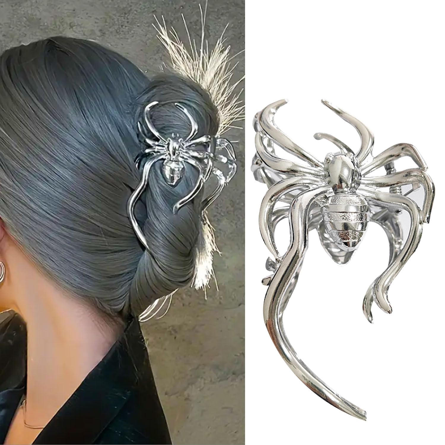 Spider Alloy Hair Claw Clips, 1Pcs Silver Hair Accessory for Punk & Y2K Styles - Decorative Metal Claw Clip