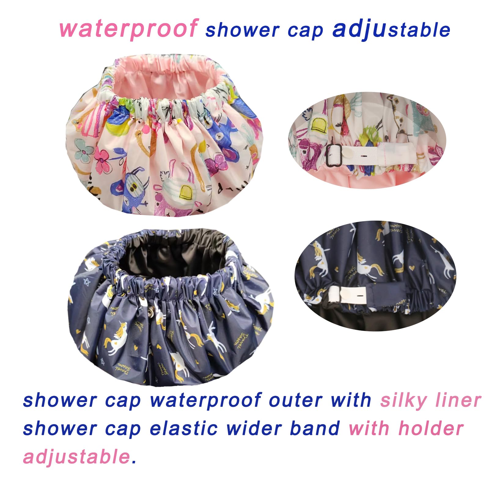 Genergy Luxury Shower Cap for Women, Extra Large Reusable Satin, Waterproof, Adjustable, L-Pink + Dark Blue Flower