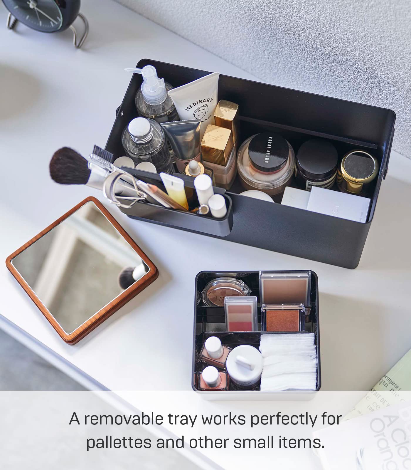 Yamazaki Home Tower Large Makeup Organizer Cosmetic Caddy with Handle Vanity Storage Drawer with Lid - Steel + Wood -, Black