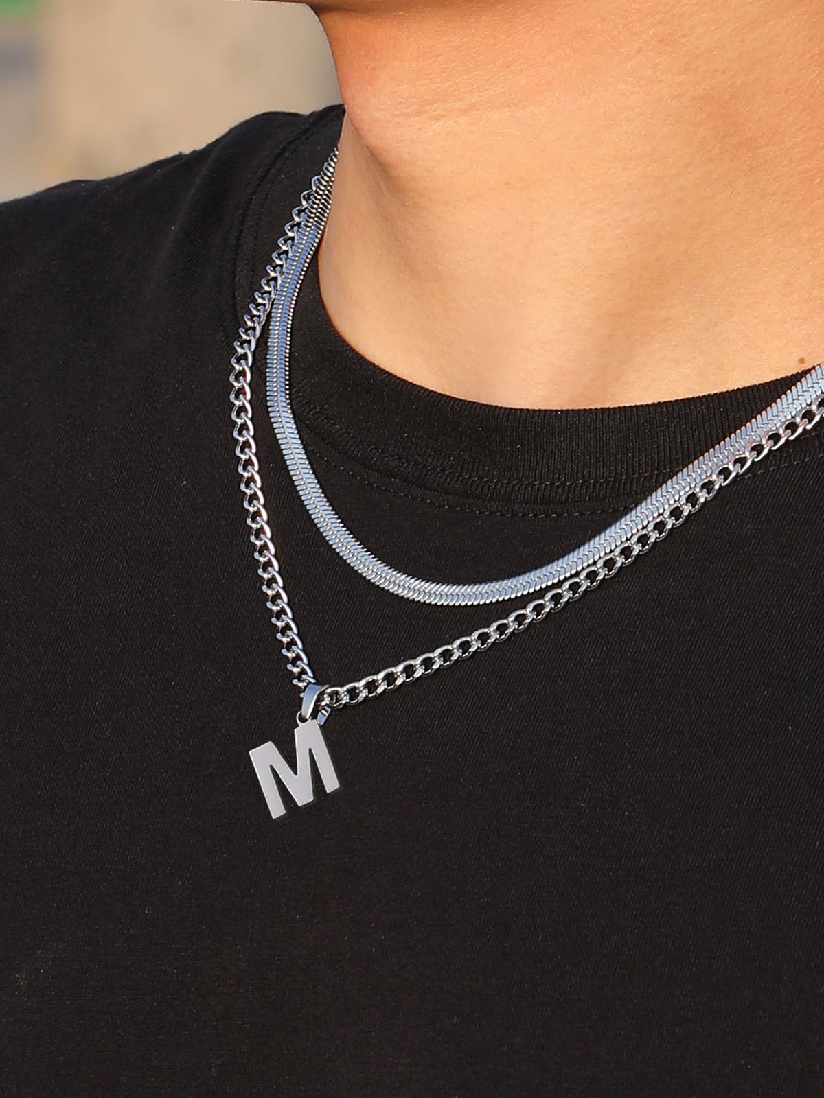 P.BLAKE Layered Initial V Pendant Necklace for Men, Stainless Steel Letter Cuban Link Herringbone Chain Jewelry Collar Cadenas P