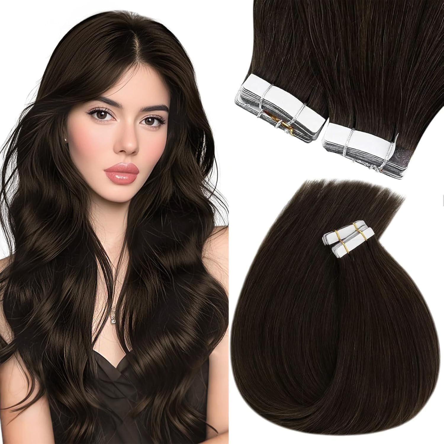 Sunny Hair Tape in Hair Extensions Real Human Hair Invisible Remy Hair Extensions Tape ins for Women Dark Brown 22 inch 20Pcs 50