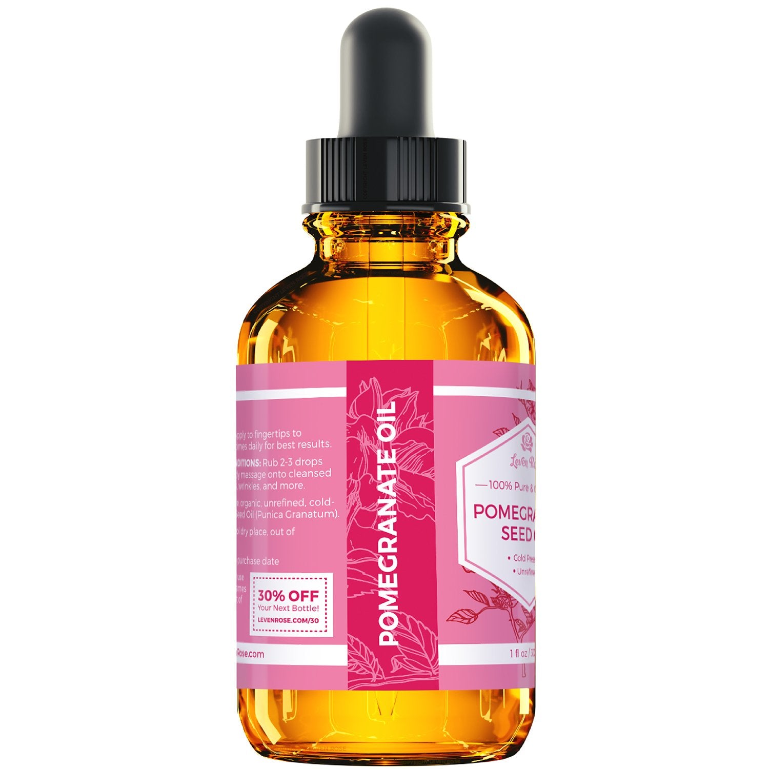 Leven Rose Pomegranate Seed Oil, 100% Pure Unrefined Cold Pressed Antioxidant Moisturizer For Hair Skin And Nails 1 Oz
