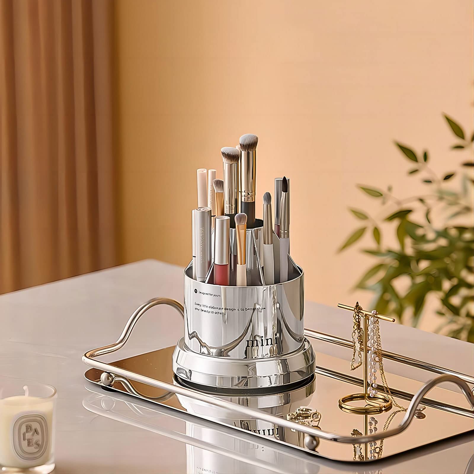 DASITON 360 Rotating Makeup Brush Holder,Covered Dustproof Makeup Brushes Organizer,7 Slot Makeup Brushes Cup,for Vanity Decor,B