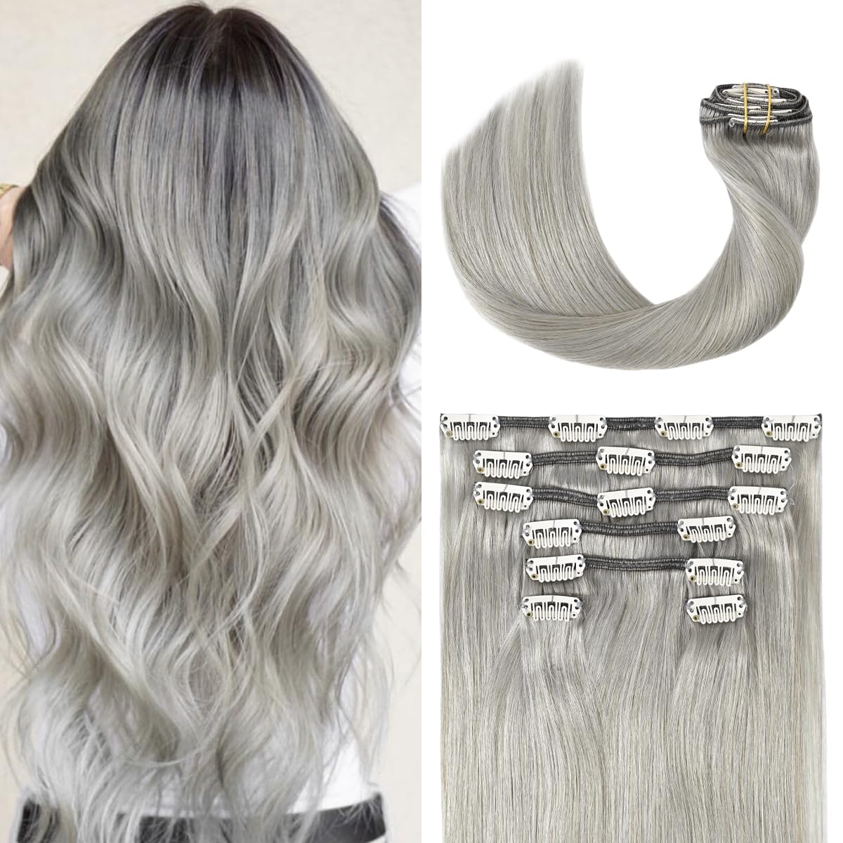 UGOTRAY Silver Clip in Hair Extensions Real Human Hair 70G Gray Remy Human Hair Clip in Extensions 15 Inch Soft Silky Straight f