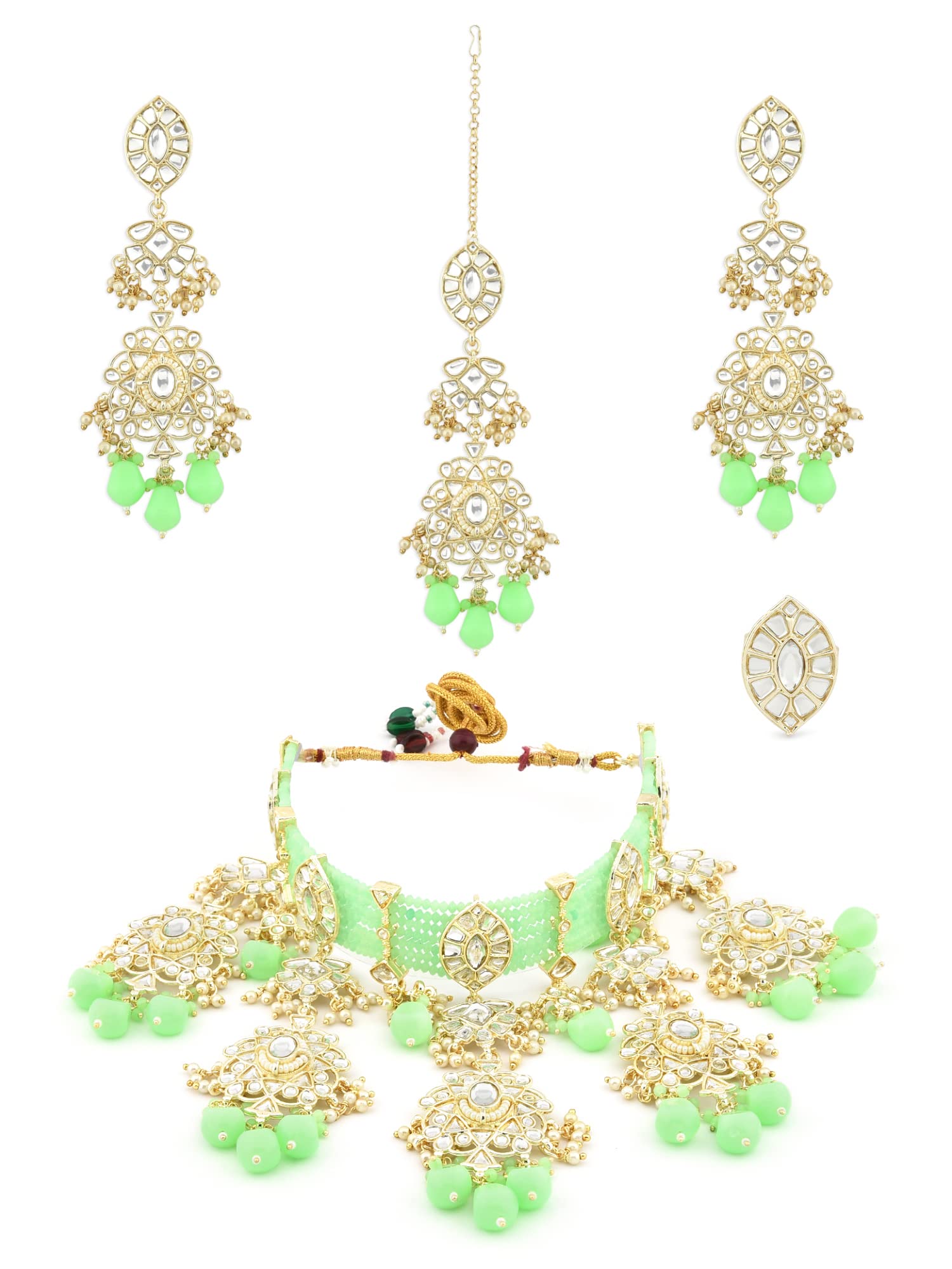 Zaveri Pearls Green Bridal Kundan Choker Necklace Earring Maangtikka & Ring Set For WomenZpfk12222