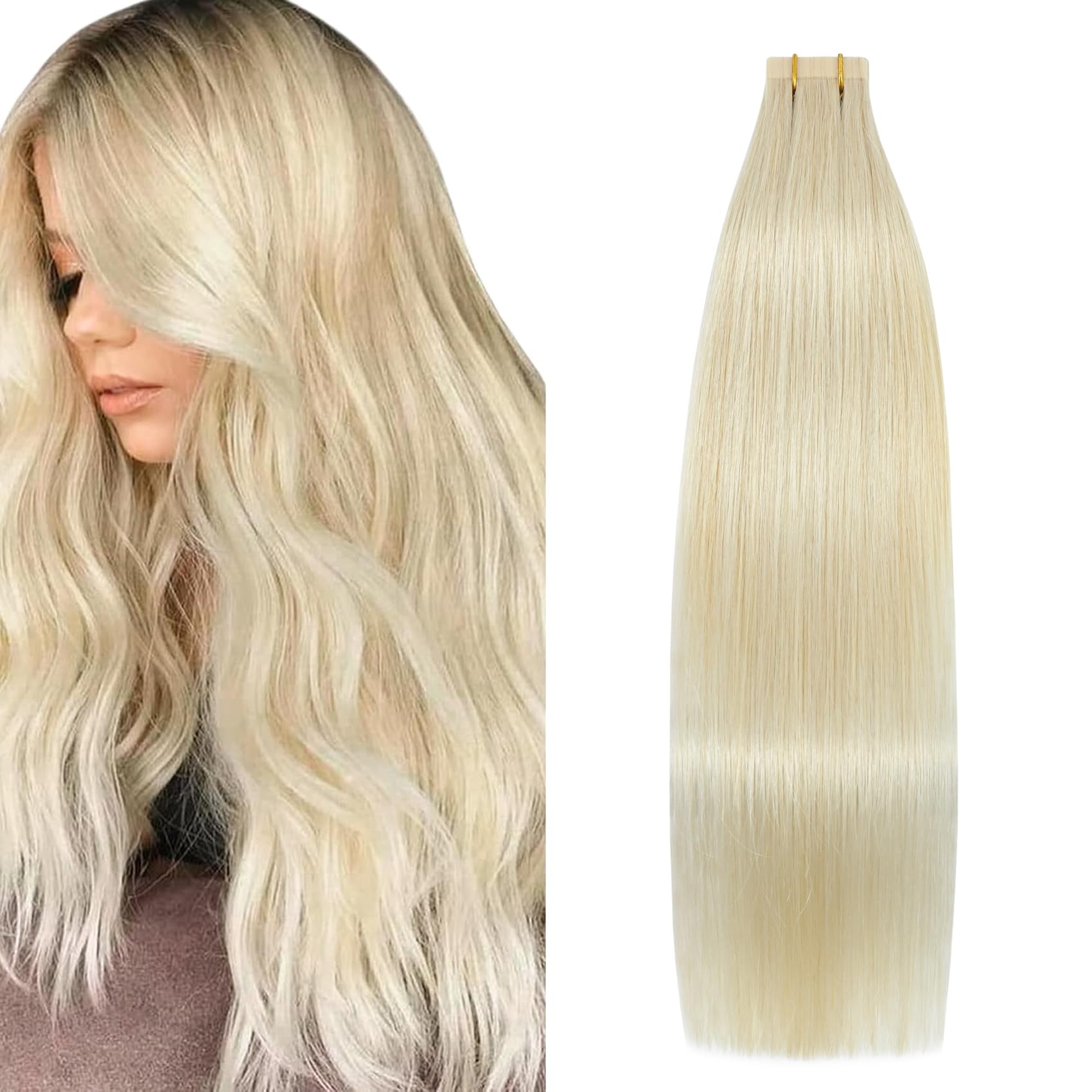 Aison Tape in Hair Extensions Platinum Blonde 100% Remy Human Hair Extensions Silky Invisible Straight for Fashion Women 20 Pcs/