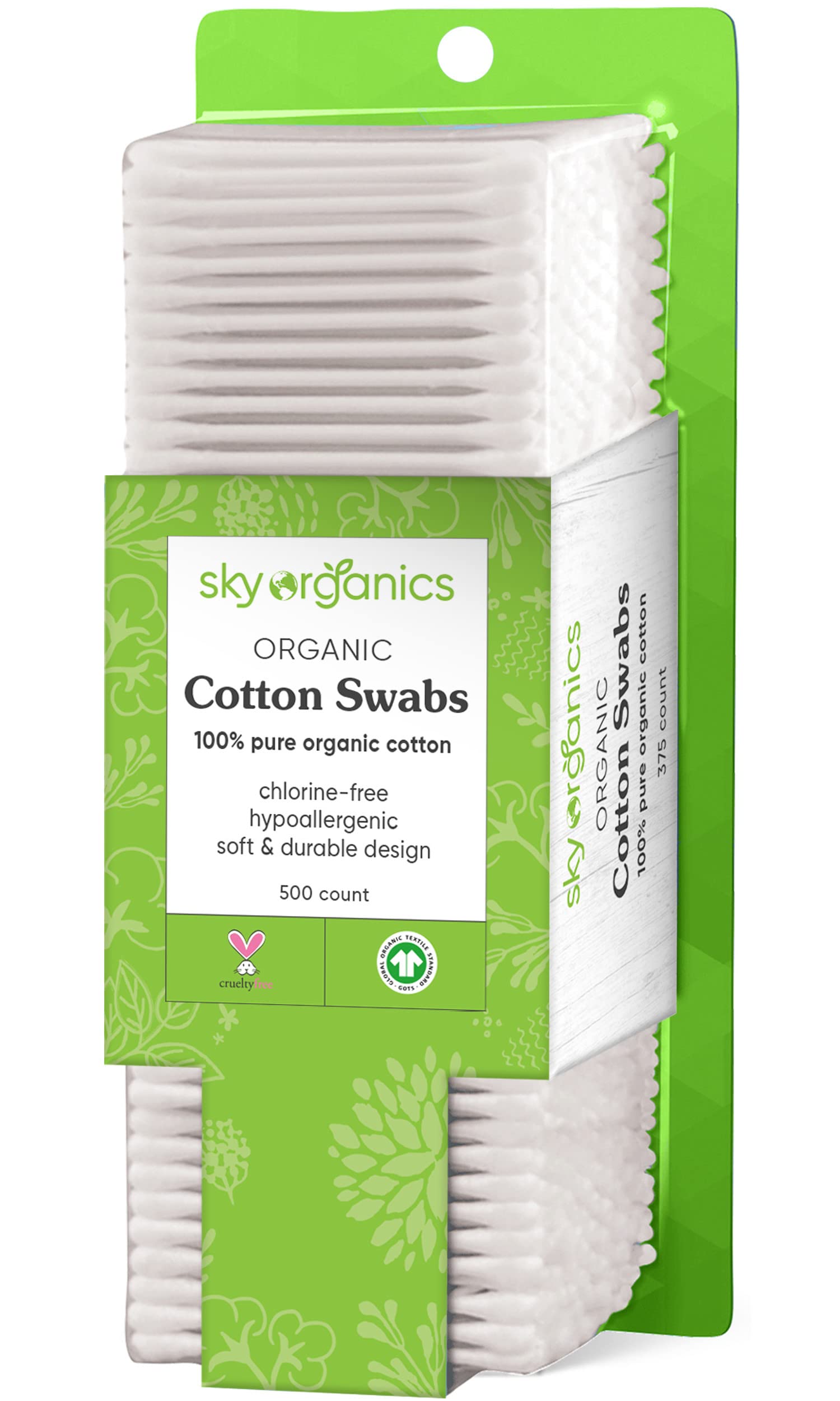 Sky Organics Organnic Cotton Swabs For Sensitive Skin, 100% Pure Gots Certified Organic For Beauty & Personal Care, 500 Ct.