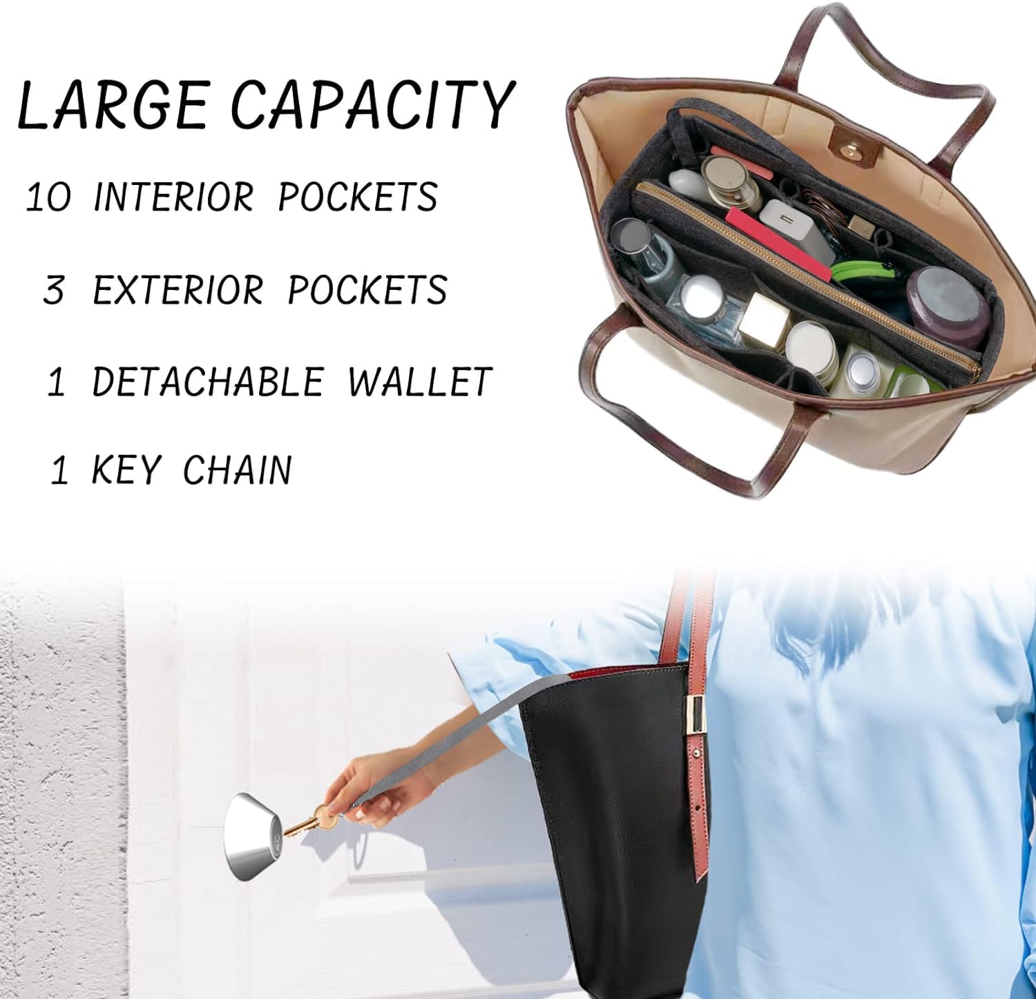 DailyPlus Purse Organizer Insert with Zipper Felt Bag Organizer for Tote Purse Bag Grey X-Large