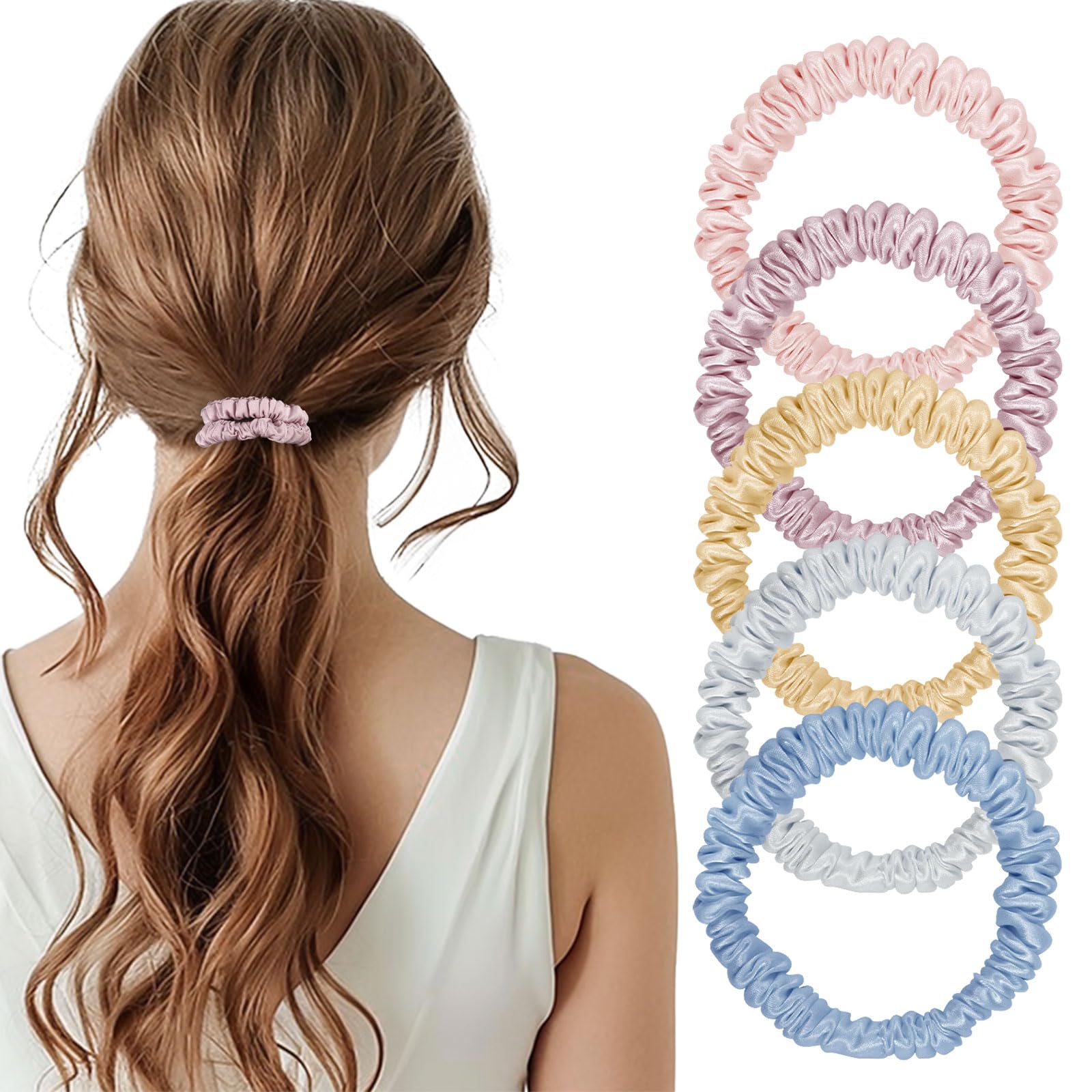 Silk Hair Ties, 5 Pcs Mulberry Silk Hair Scrunchies Small Hair Ties for Women Girls Skinny Scrunchies for Bridesmaid Valentine's