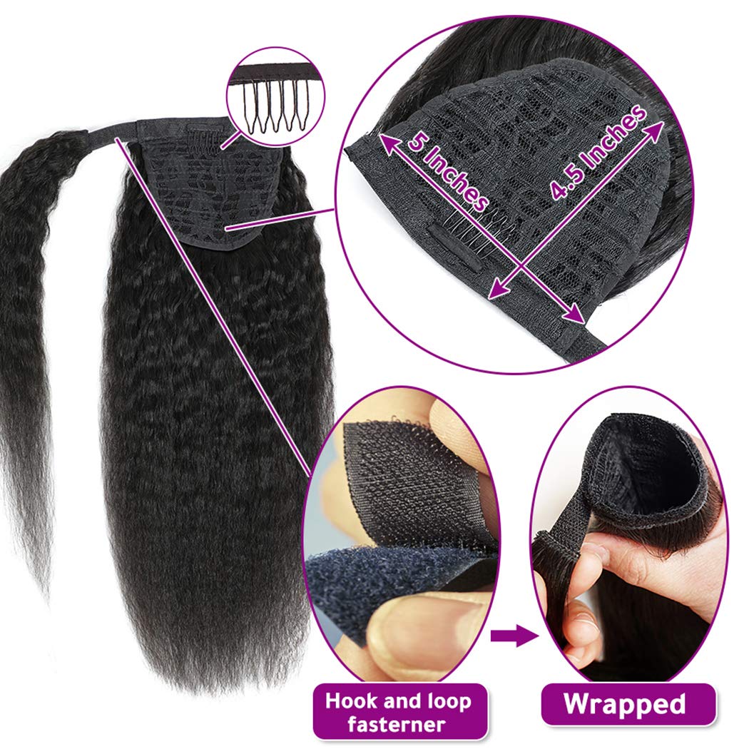 Kinky Straight Ponytail Human Hair With Wrap Around Magic Tape, Brazilian Hair Clip In Extensions Wavy Yaki Pony Natrual Black (