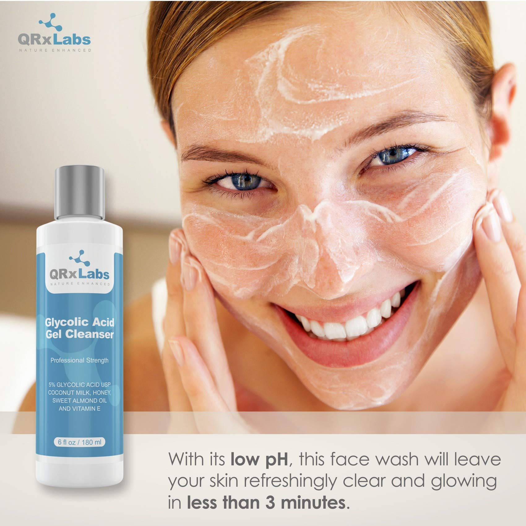 QRxLabs Glycolic Acid Face Wash - Exfoliating Gel Cleanser for Acne & Anti-Aging - 6 Fl Oz - Model C-GLYC-6