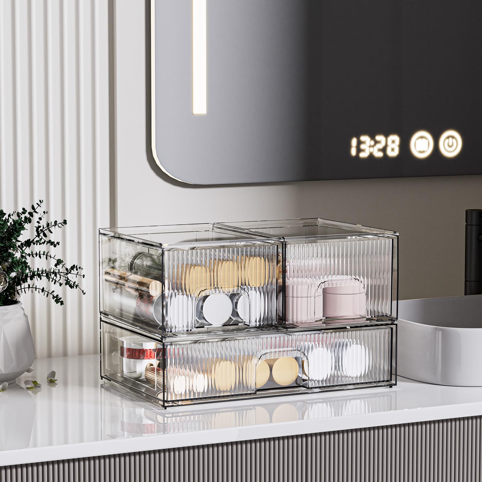 ZHIAI 3 Pack Clear Stackable Cosmetic Organizer with Acrylic Drawers for Cosmetics and Small Items for Dresser, Vanity, Kitchen