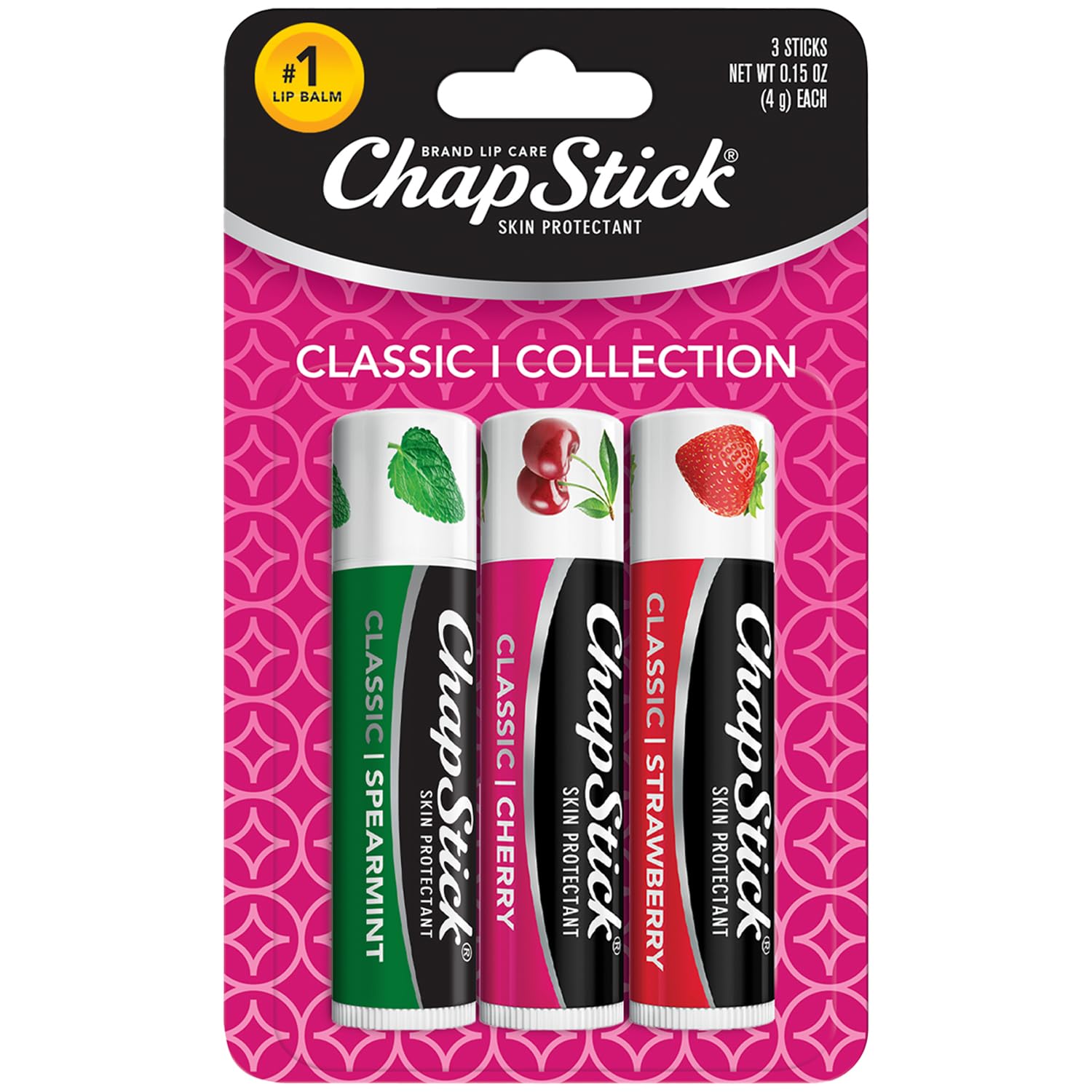 Chapstick Classic Spearmint, Cherry And Strawberry Lip Balm Tubes Variety Pack - 0.15 Oz Each (Pack Of 3)