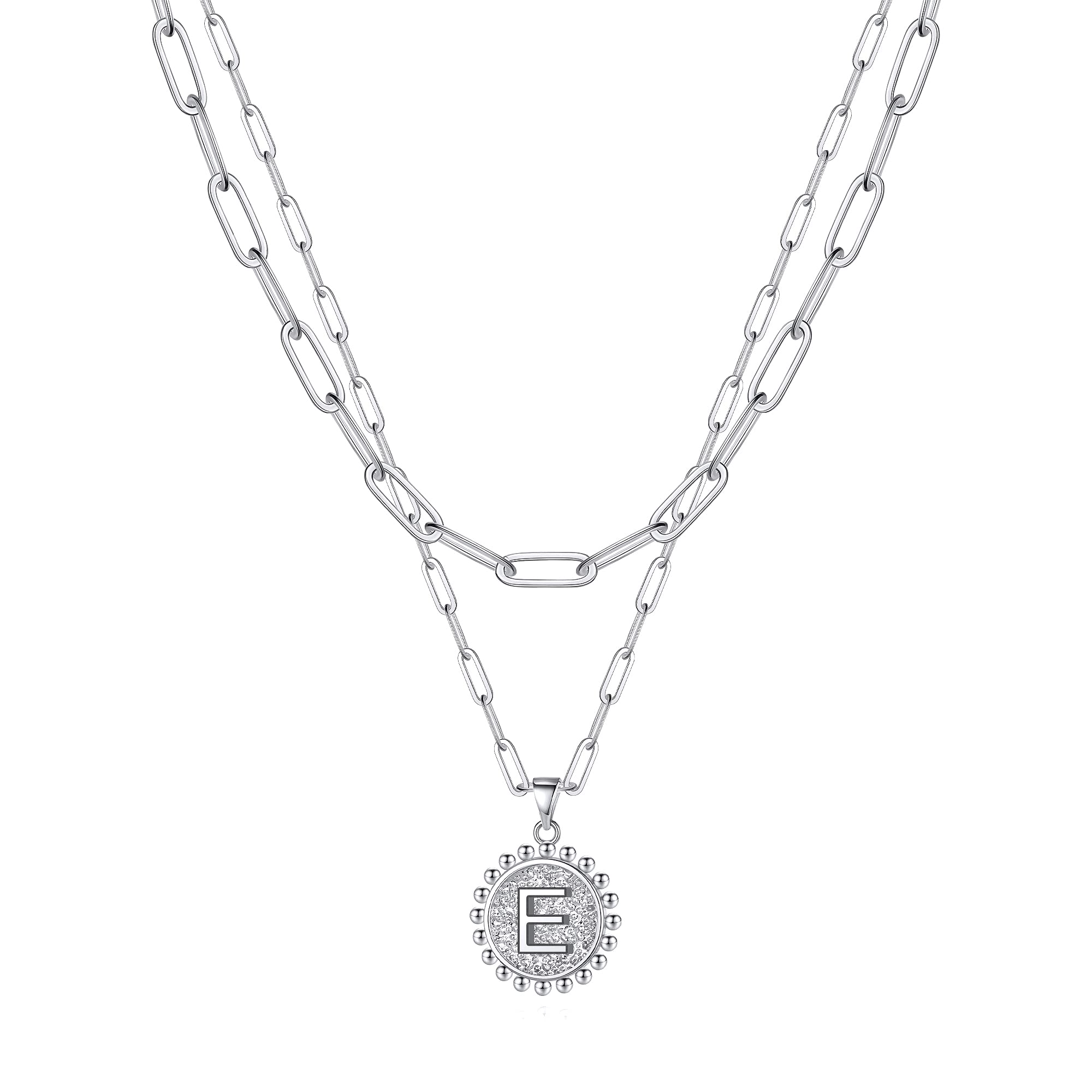 Silver Layered Necklaces for Women, Layered Initial Necklaces for Women Letter E Initial Necklaces Coin Pendant Necklace Papercl