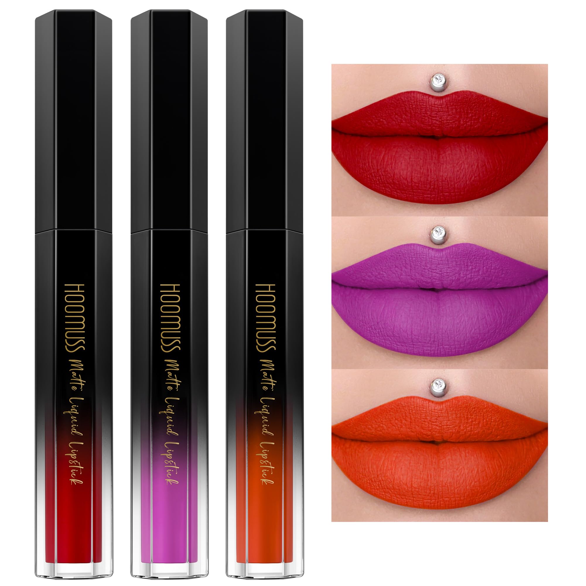 Hoomuss Red Lipstick Set Long Lasting 3Pc Matte Liquid Lipsticks For Women Non Transfer Smudgeproof Red Purple Orange Lipstick K