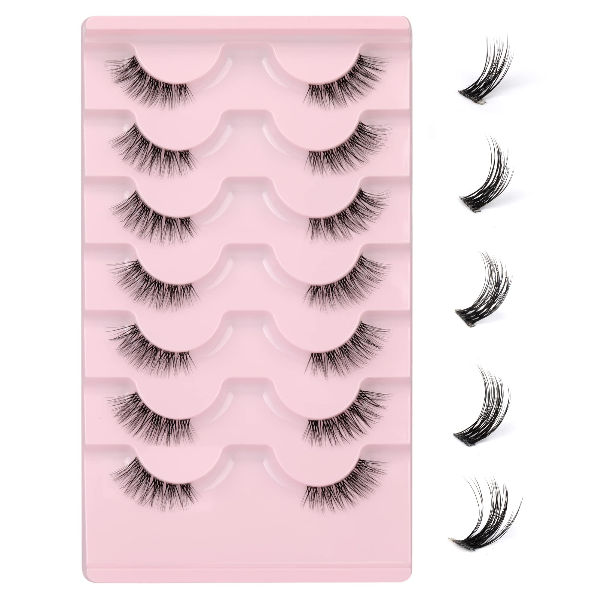 JIMIRE Half Lashes with Clear Band Cat-Eye Lashes Fluffy Wispy Accent False Eyelashes Natural Look Handmade Soft DIY Cluster Las