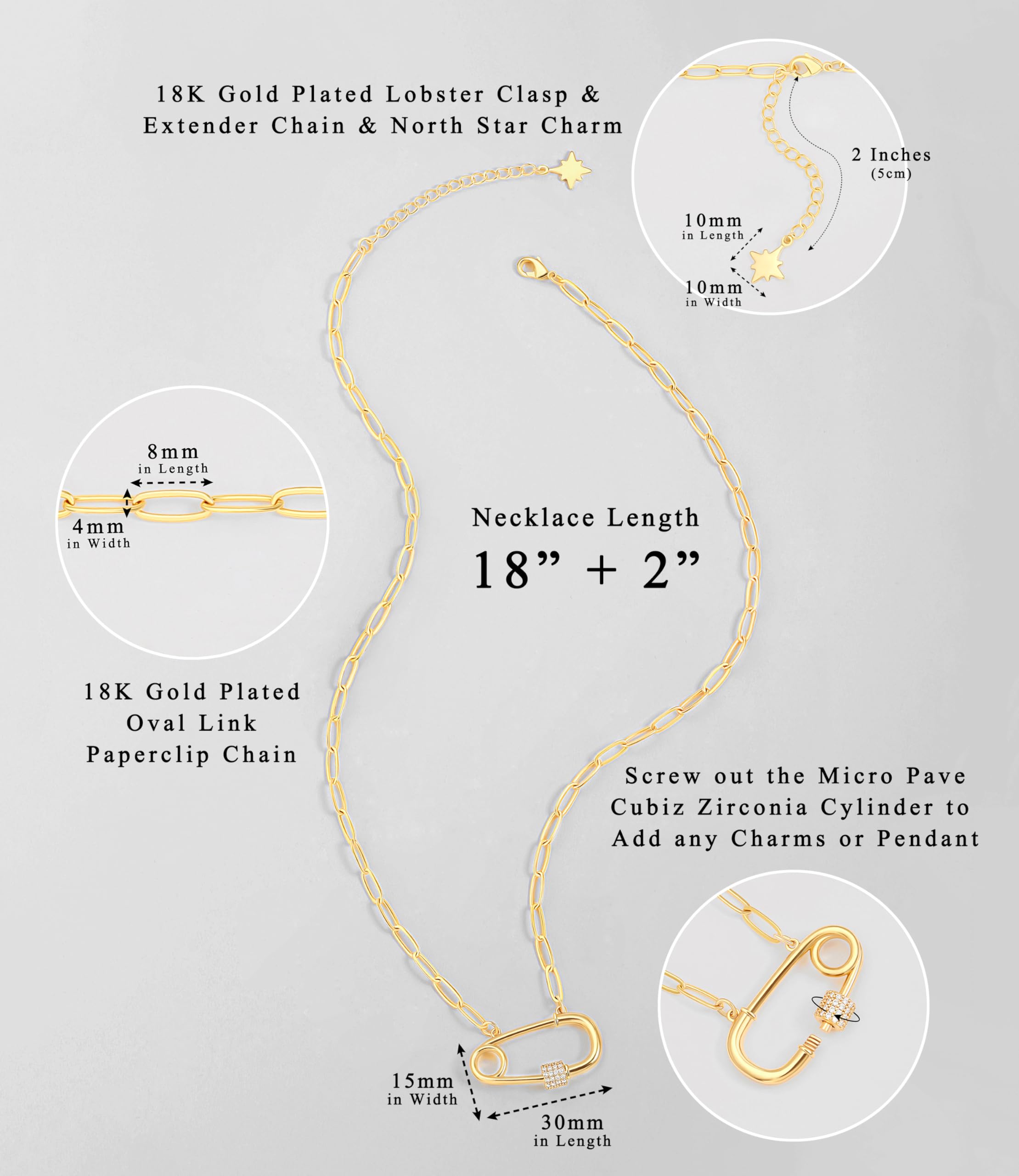 Aobei Pearl 18K Gold Safety Pin Pendant Necklace Paperclip Chain Choker Dainty CZ Pave Screw Lock Layering Jewelry for Women
