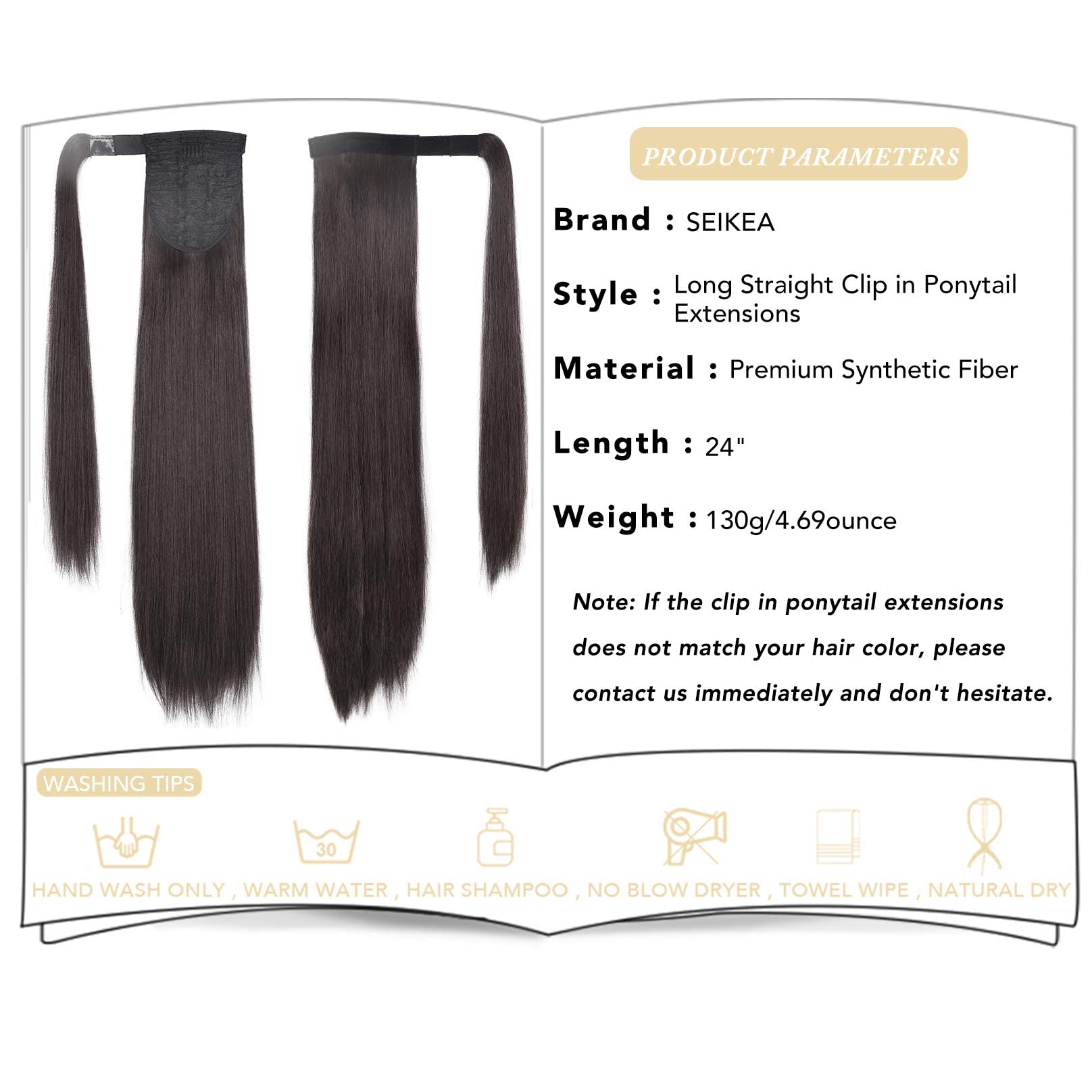 SEIKEA 24 '' Ponytail Extension Clip in Long Straight Wrap Around Pony Tail Natural Soft Synthetic Hairpiece Hair Extensions for