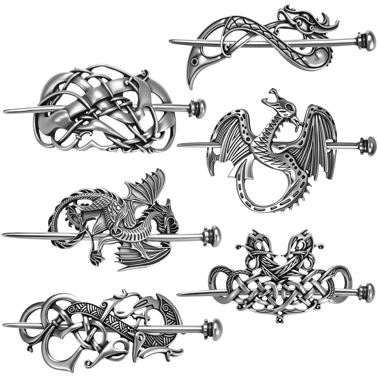 Syhood 6 Pcs Vintage Celtic Hair Accessories Silver Viking Hair Slide Hairpins Celtic Dragon Hairs Clips Knot Stick Vintage Meta