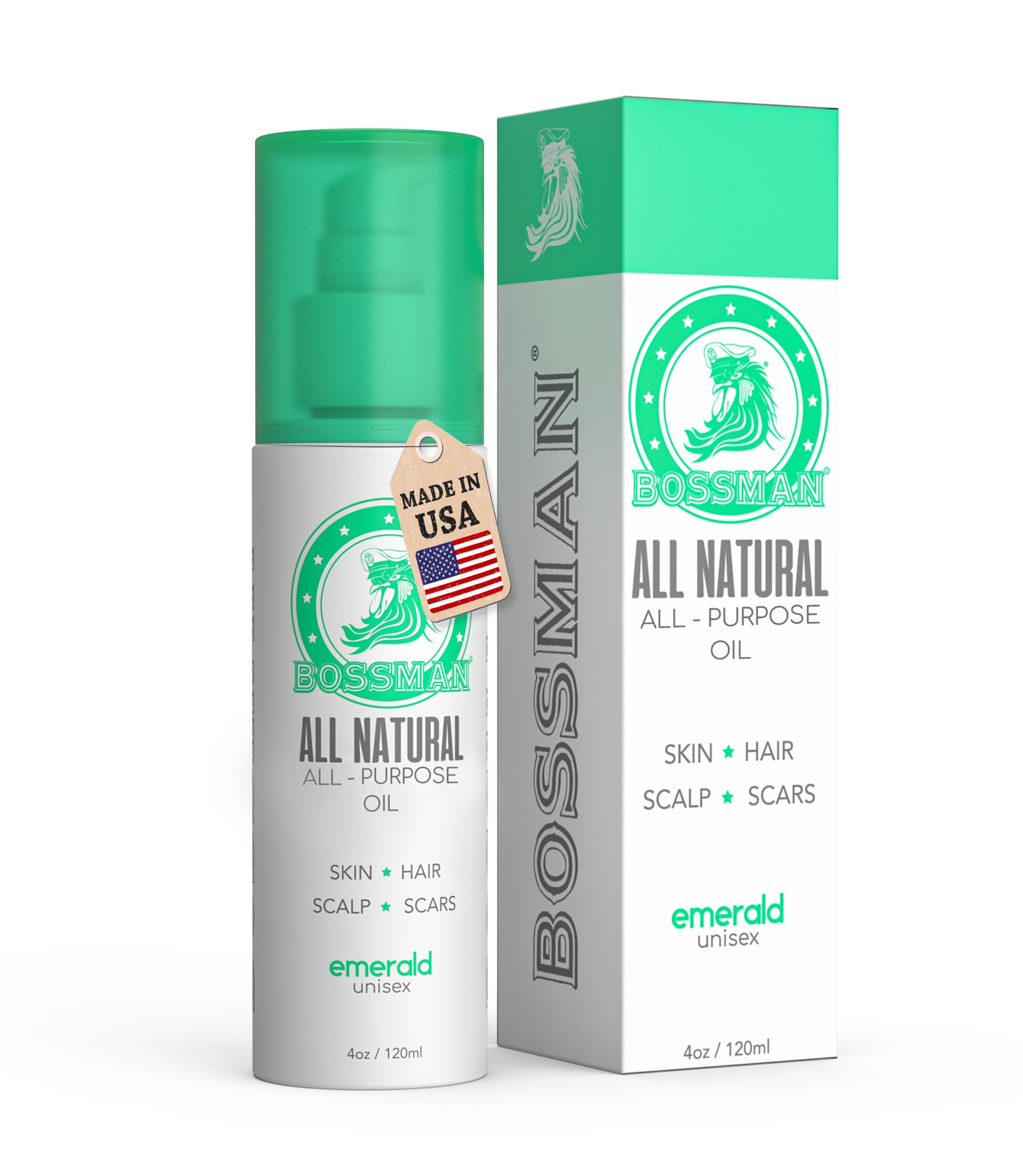 Bossman Skin, Scalp, and Hair Oil for Men & Women - 4 oz Moisturizing Body Oil - Emerald (Green Tea) Scent - Anti-aging, Hydrati