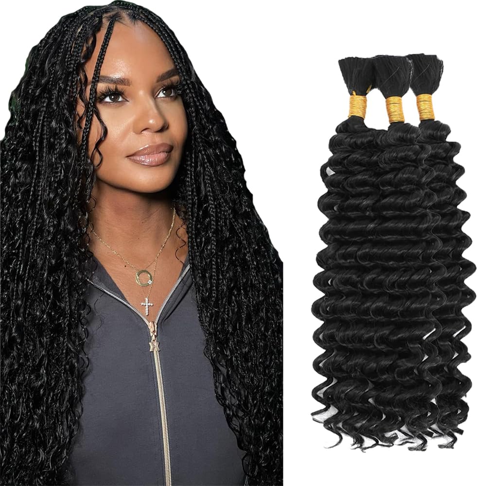 #1B Black Human Braiding Hair For Boho Braids 3 Bundles 14 14 14 Inch Natural Black Color Deep Wave Bulk boho Human Hair for Bra