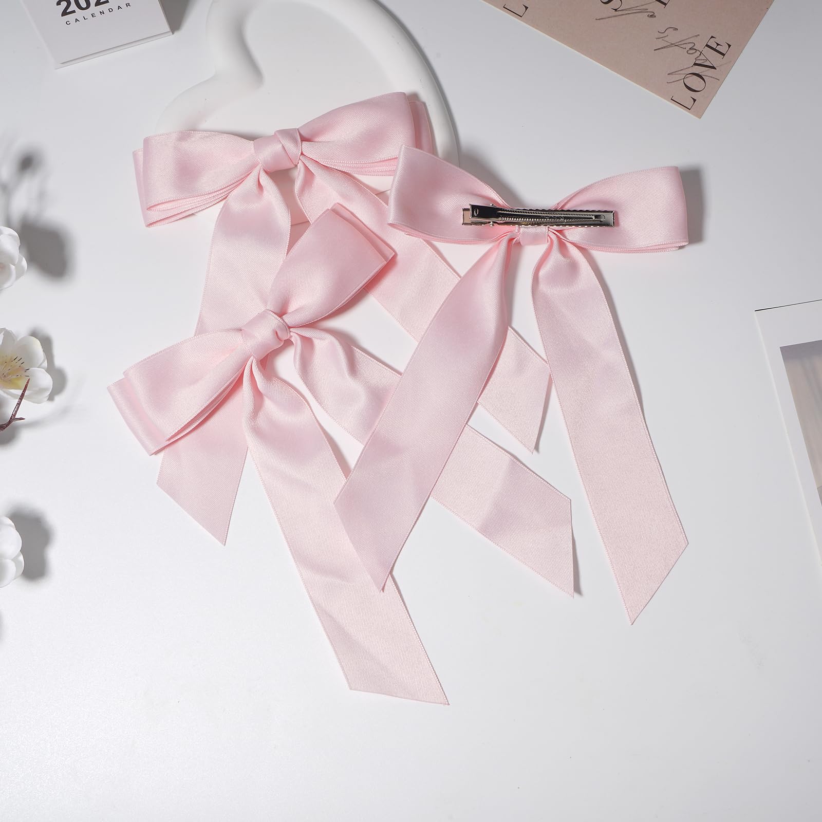 3Pcs Pink Hair Bows For Women Double-Layer Long Tail Bow Hair Clip Hair Ribbon Ponytail Holder Hair Accessories For Girls Toddle
