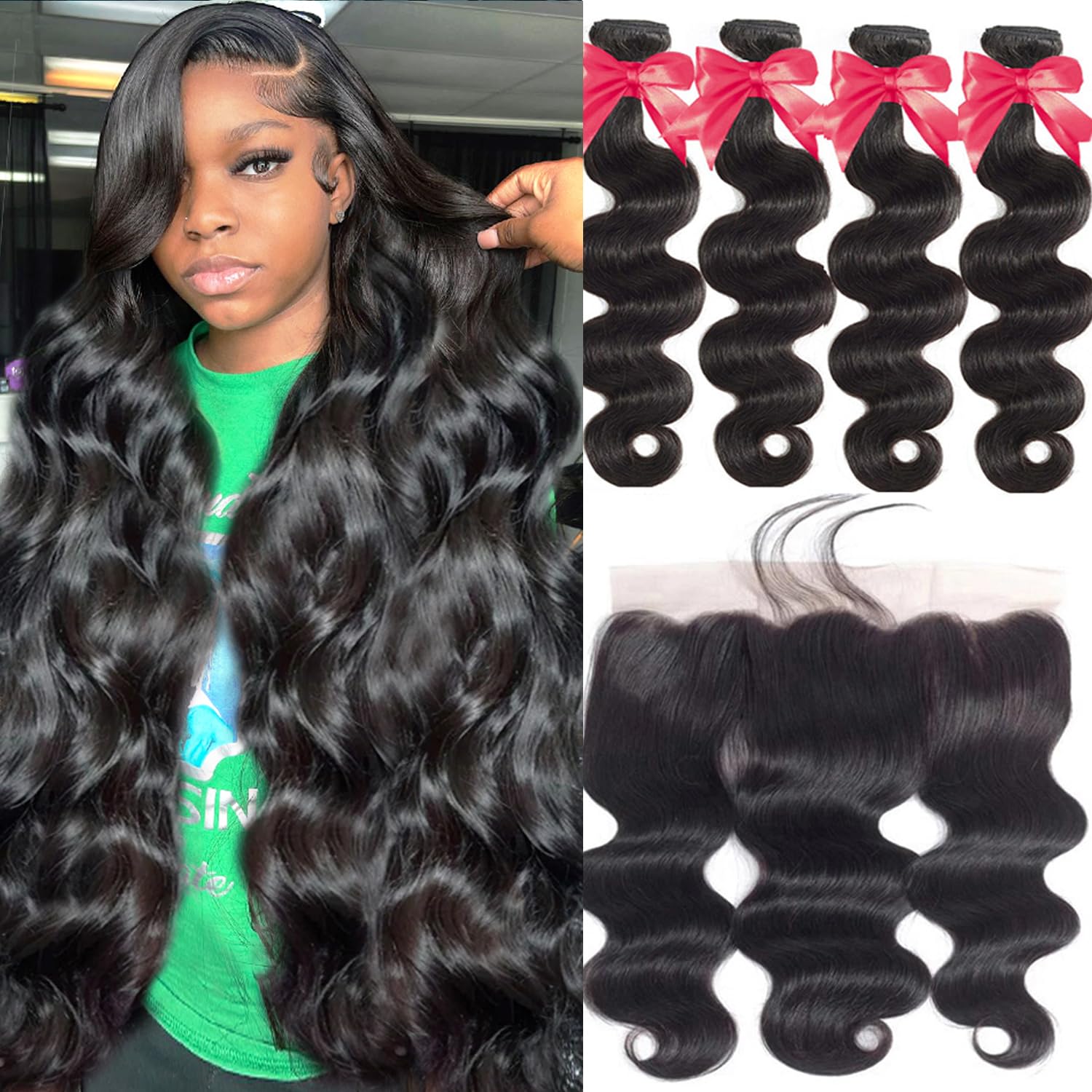 Body Wave Bundles with Lace Frontal (16 18 20 22+14,Natural Black) Human Hair 4 Bundles with 13x4 Free Part Ear to Ear Lace Clos