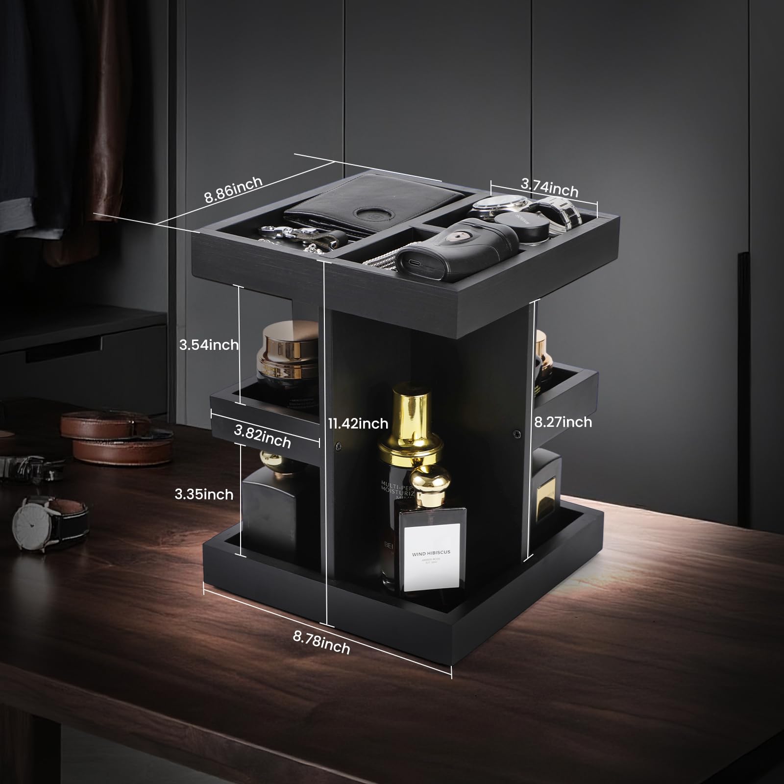 EXIN DECHEN Cologne Organizer for Men,Cologne Stand,3 Tier Large Capacity Wood Perfume Shelf with Rotate,Desk & Nightstand Organ