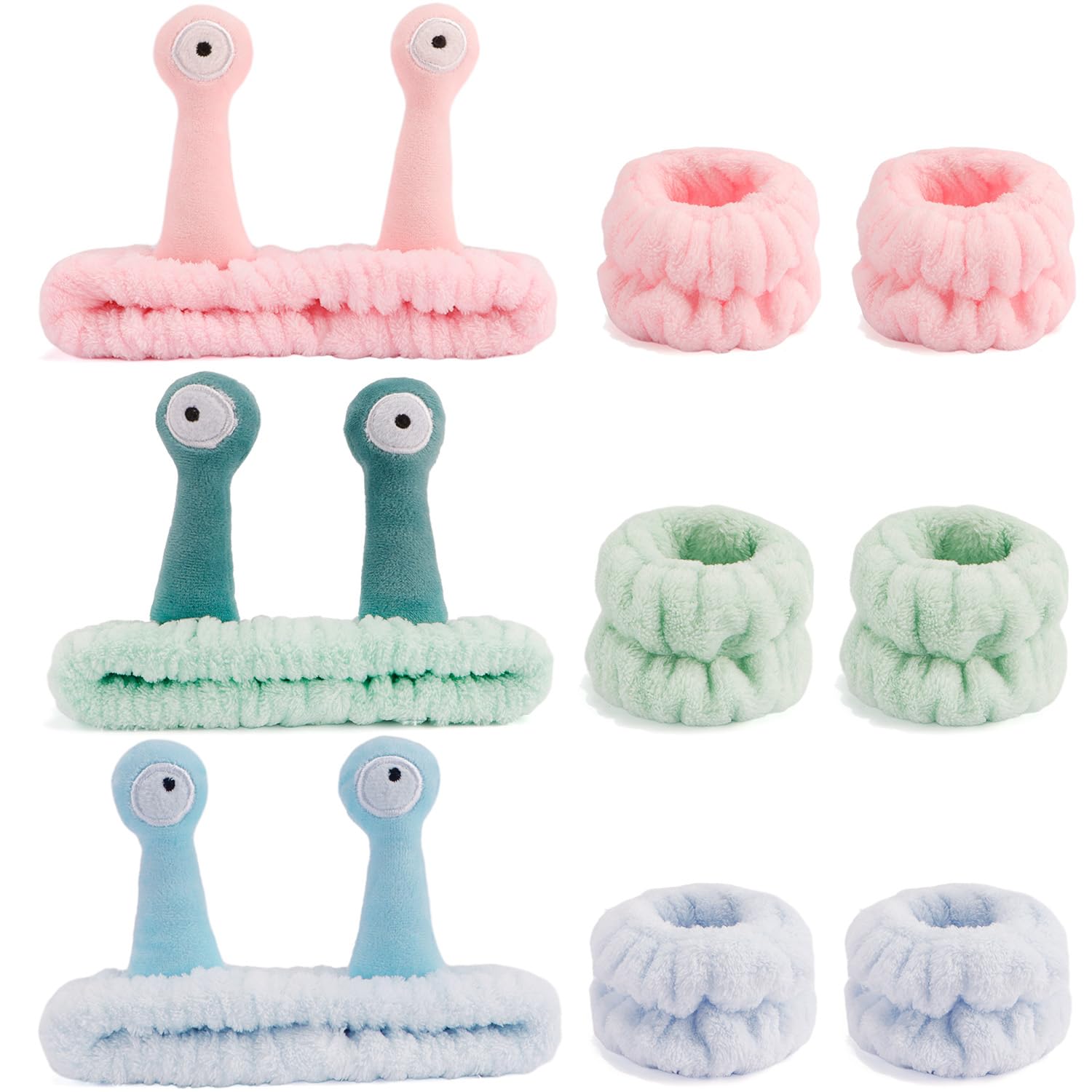 Chanaco Snail Spa Headband Set Of 4, Wrist Bands For Washing Face Set Of 8, Pink, Green, Blue, Soft & Comfortable, Water Absorpt