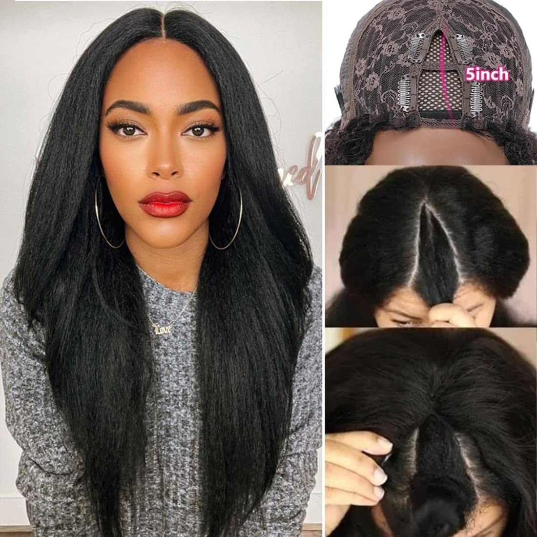 Beauty Forever V Part Wig Human Hair Kinky Straight No Leave Out Upgraded U Part Wigs For Women,10A Grade Yaki Straight Wear And
