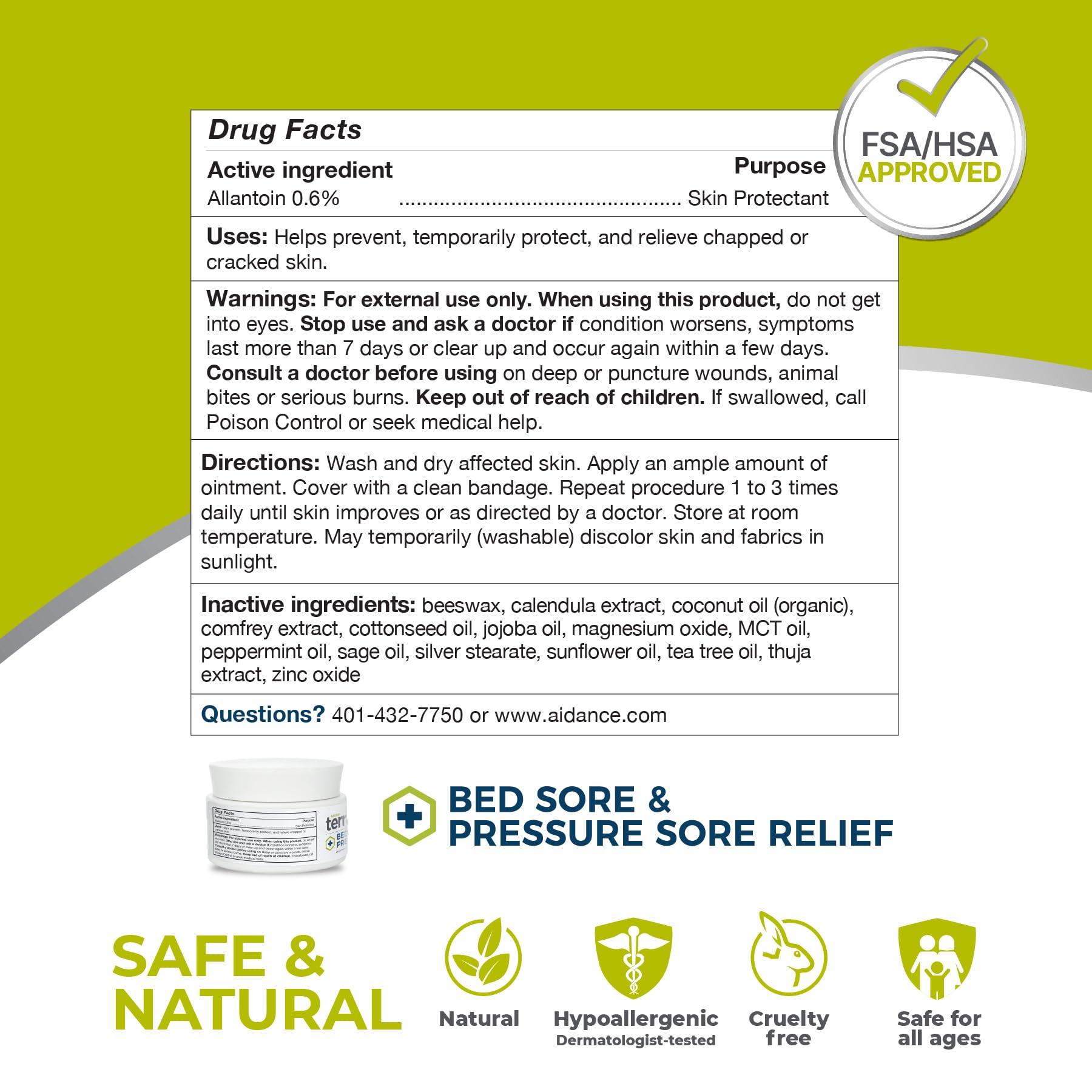 Aidance Bed Sores Treatment Cream - Natural Healing, 44g Jar, 3X Action for Soothing Relief