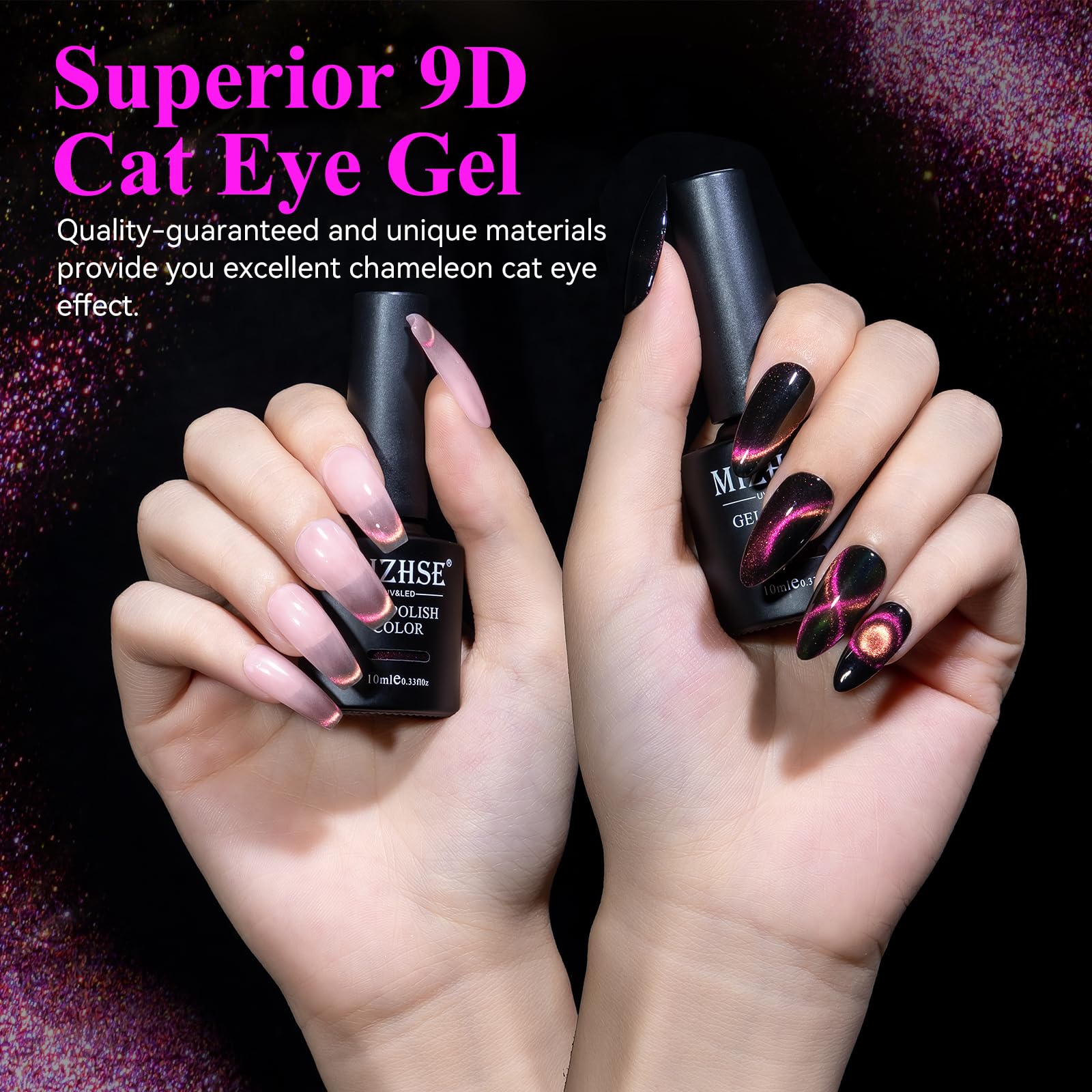 Mizhse 9D Cat Eye Gel Nail Polish, Rose Red Magnetic Gel Polish With Magnet Stick, Magic Shimmer Galaxy Effect Holographic Glitt