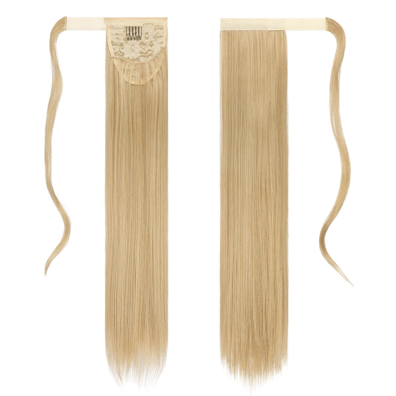 Feshfen Straight Long Ponytail Extensions 24 Inch Gloden Blonde Wrap Around Synthetic Ponytails Hair Piece Pony Tail Hair Extens