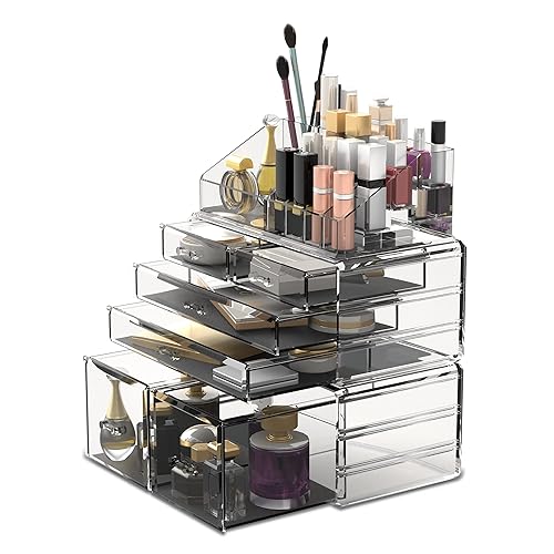 READAEER Makeup Organizer 3 Pieces Cosmetic Storage Case with 6 Drawers (Clear)