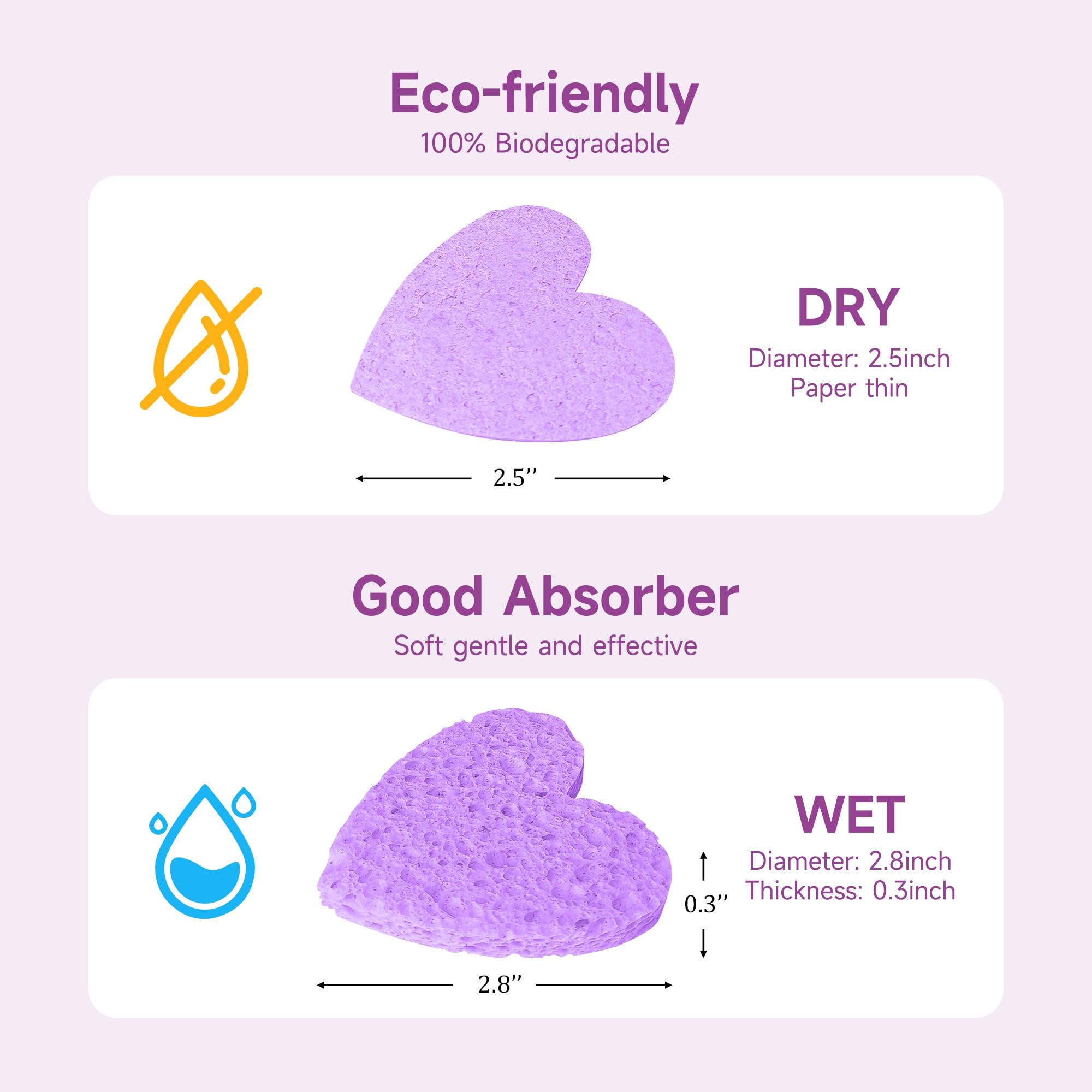 Silkyhose 50-Count Compressed Cellulose Facial Sponges - Heart-Shaped 100% Natural Cosmetic Sponges for Gentle Cleansing, Exfoli