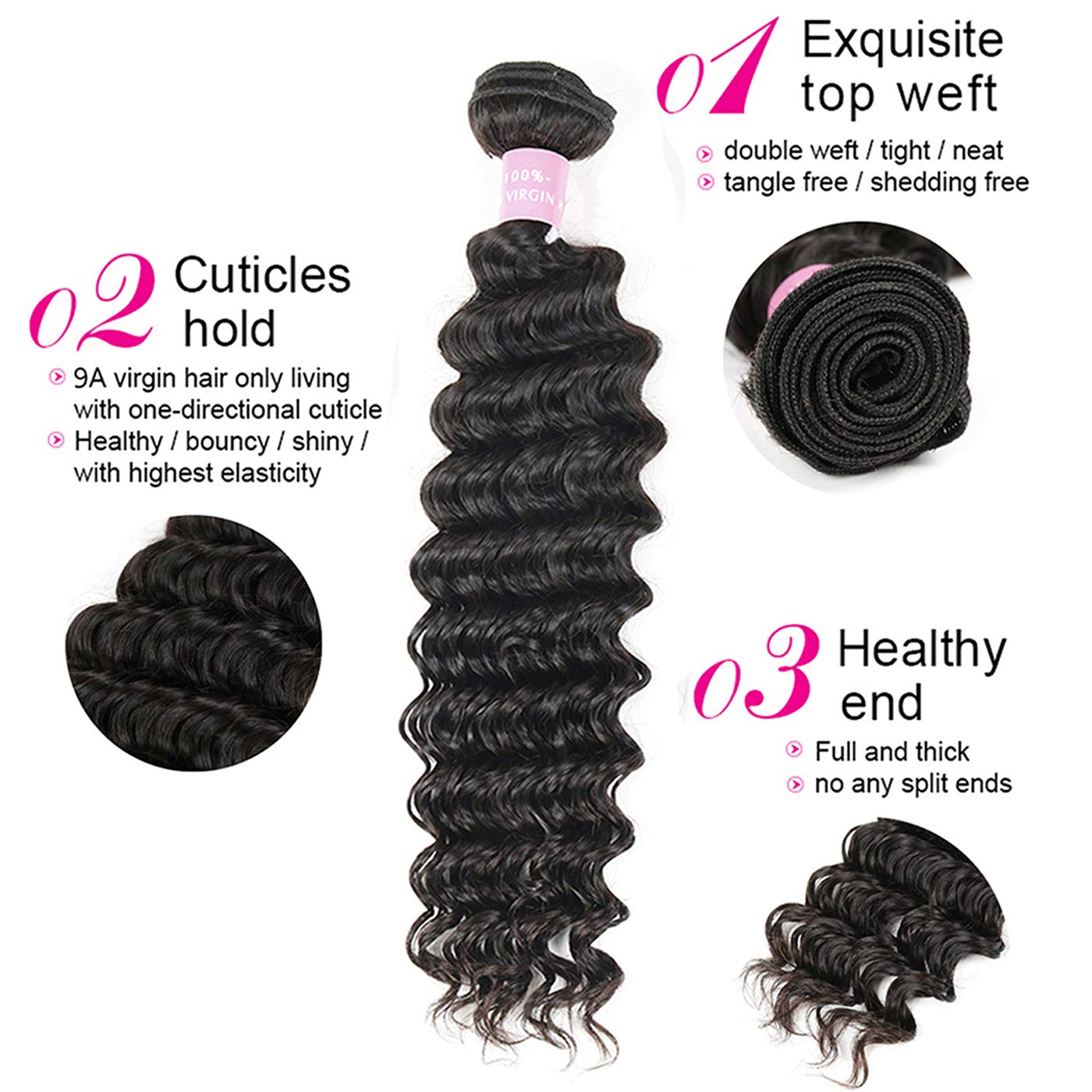 Brazilian 9A Deep Wave 3 Bundles With Closure Virgin Human Hair Bundles With 4X4 Middle Part Closure Unprocessed Virgin Human Ha